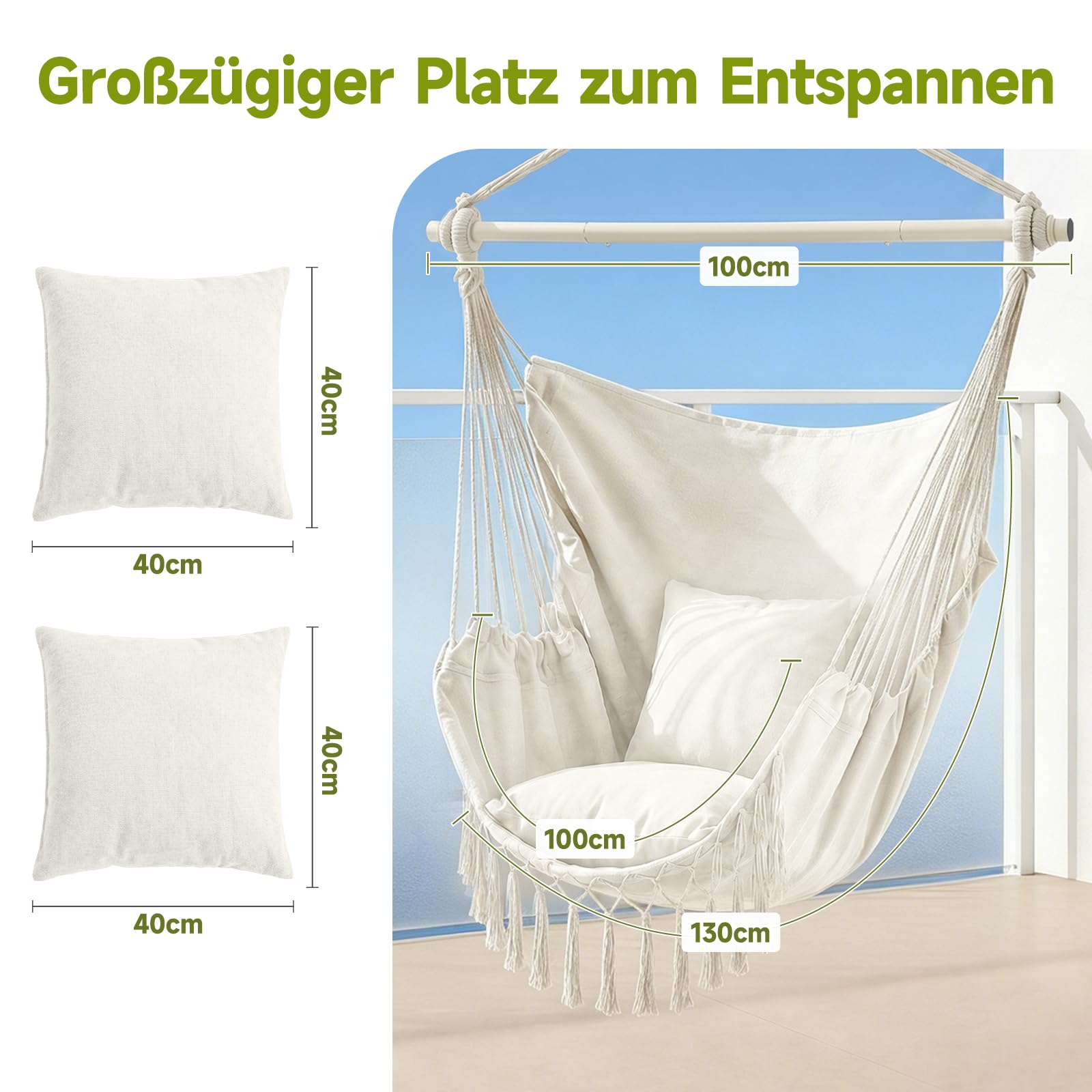 Sekey Hängesessel mit 2 Kissen & Seitentasche - Boho Hängestuhl bis 120 kg - Robuste Metallstange & Anti-Rutsch-Ringe - Atmungsaktive Hängeschaukel für Indoor, Balkon & Garten, Beige