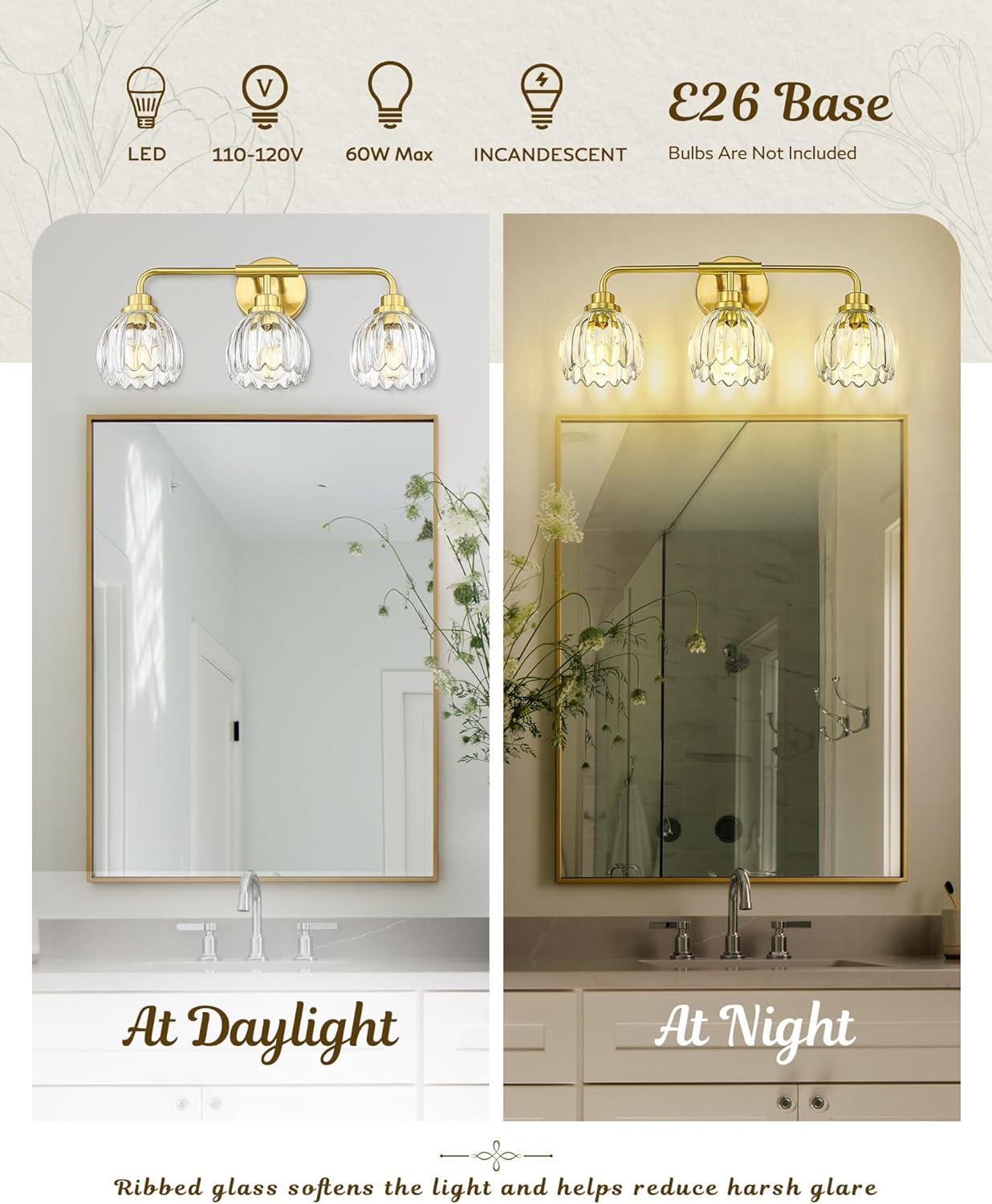 FEMILA 3 Light Bathroom Vanity Light, Gold Bathroom Light Fixtures Over Mirror, Vanity Lights for Bathroom with Tulip Glass Shade, 21", E26 Base, 4FY106B-3W BG