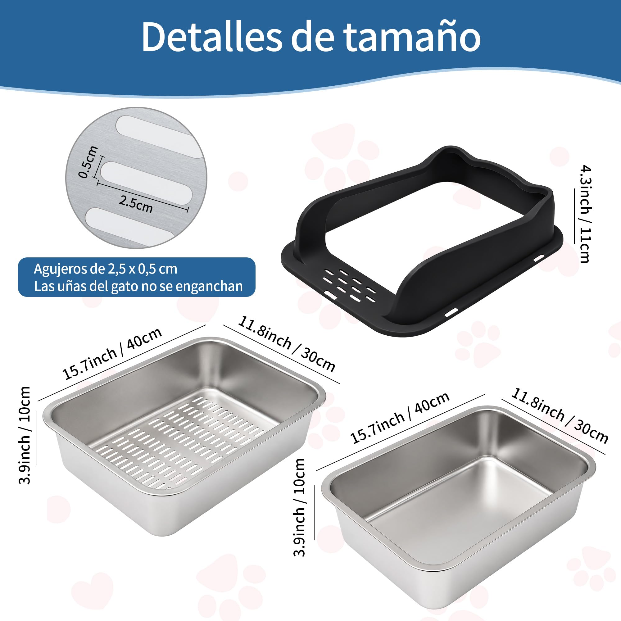 Arenero Gato Acero Inoxidable, XXL Caja Bandeja de Arena para Gatos, Metal Extraíble Litter Box, Caja de Arena de Lados Altos (40 * 30 * 10cm)