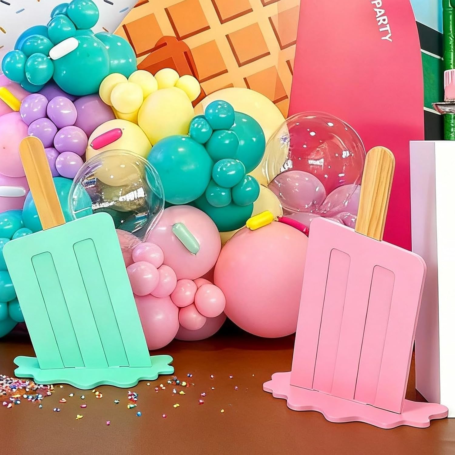 Novabright Ice Cream Party Decorations 2 Pcs 20 Inches Wooden Ice Cream Sign Backdrop for Birthday Summer Baby Bridal Shower Wedding Graduation Bar Party Decor(Pink and Green, Classicl Style)