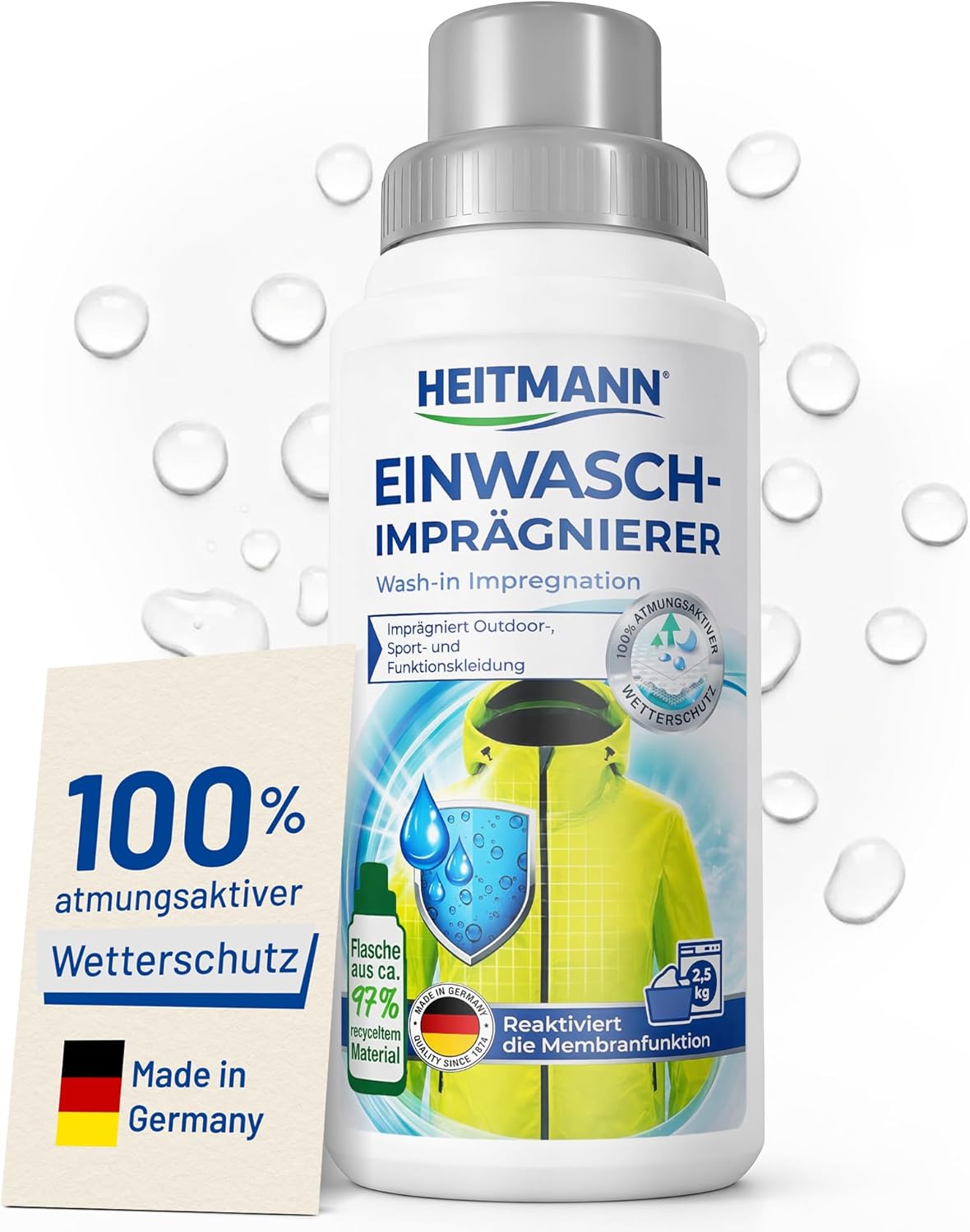 HEITMANN Wash-In Waterproofer, Breathable Weather Protection for Outdoor & Sportswear, Backpacks, Tents & Shoes, Reactivation of Membrane Function, 250 ml