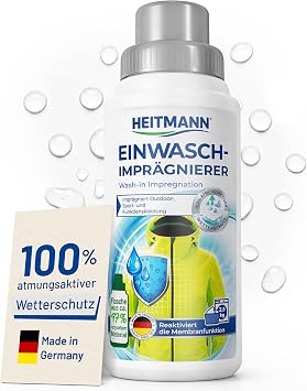 HEITMANN Wash-In Waterproofer, Breathable Weather Protection for Outdoor & Sportswear, Backpacks, Tents & Shoes, Reactivation of Membrane Function, 250 ml