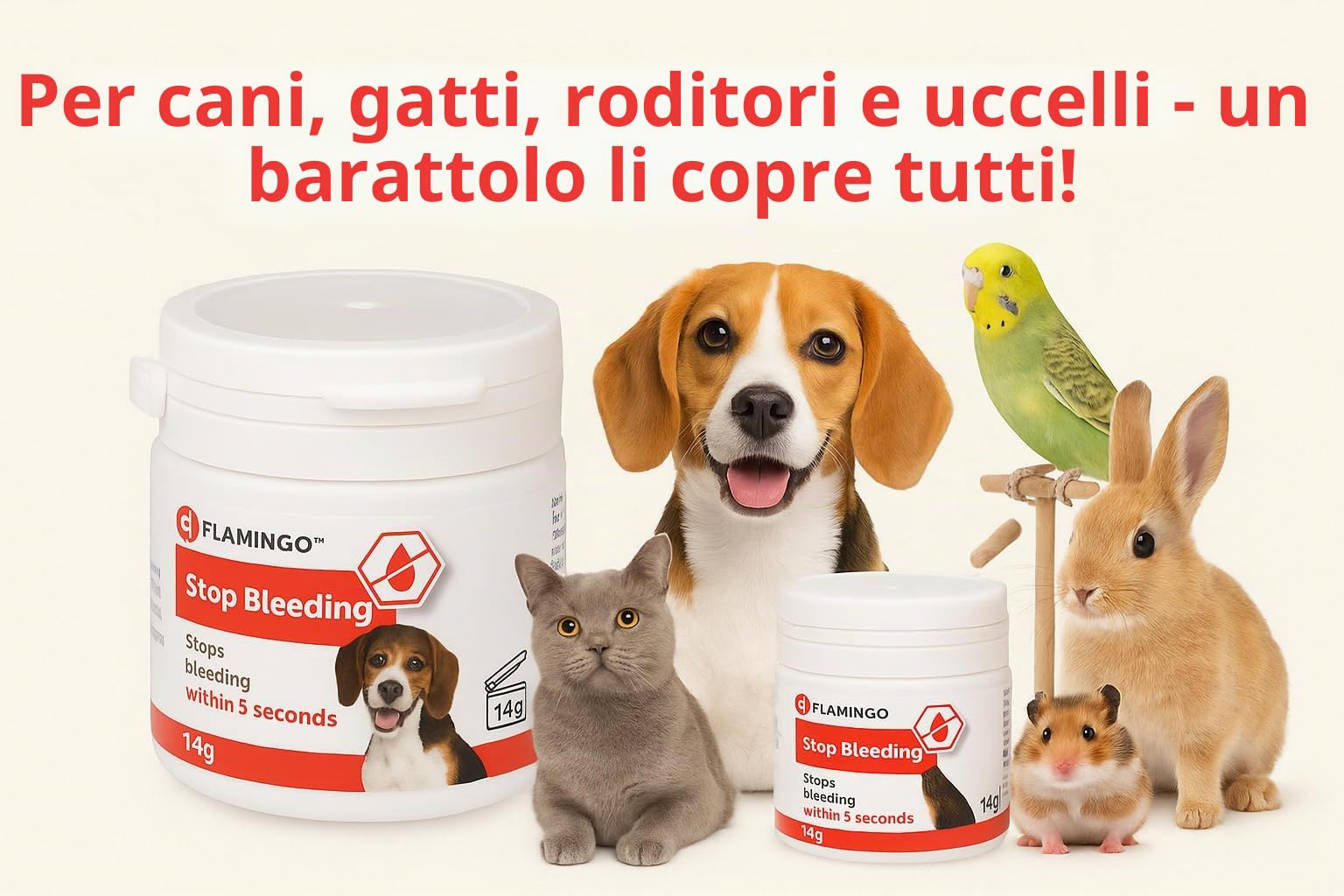 Flamingo Polvere Emostatica per Cani, Gatti e Piccoli Animali – arresta Il sanguinamento in 5 Secondi – per Unghie e ferite superficiali – Effetto lenitivo e disinfettante – Dalko