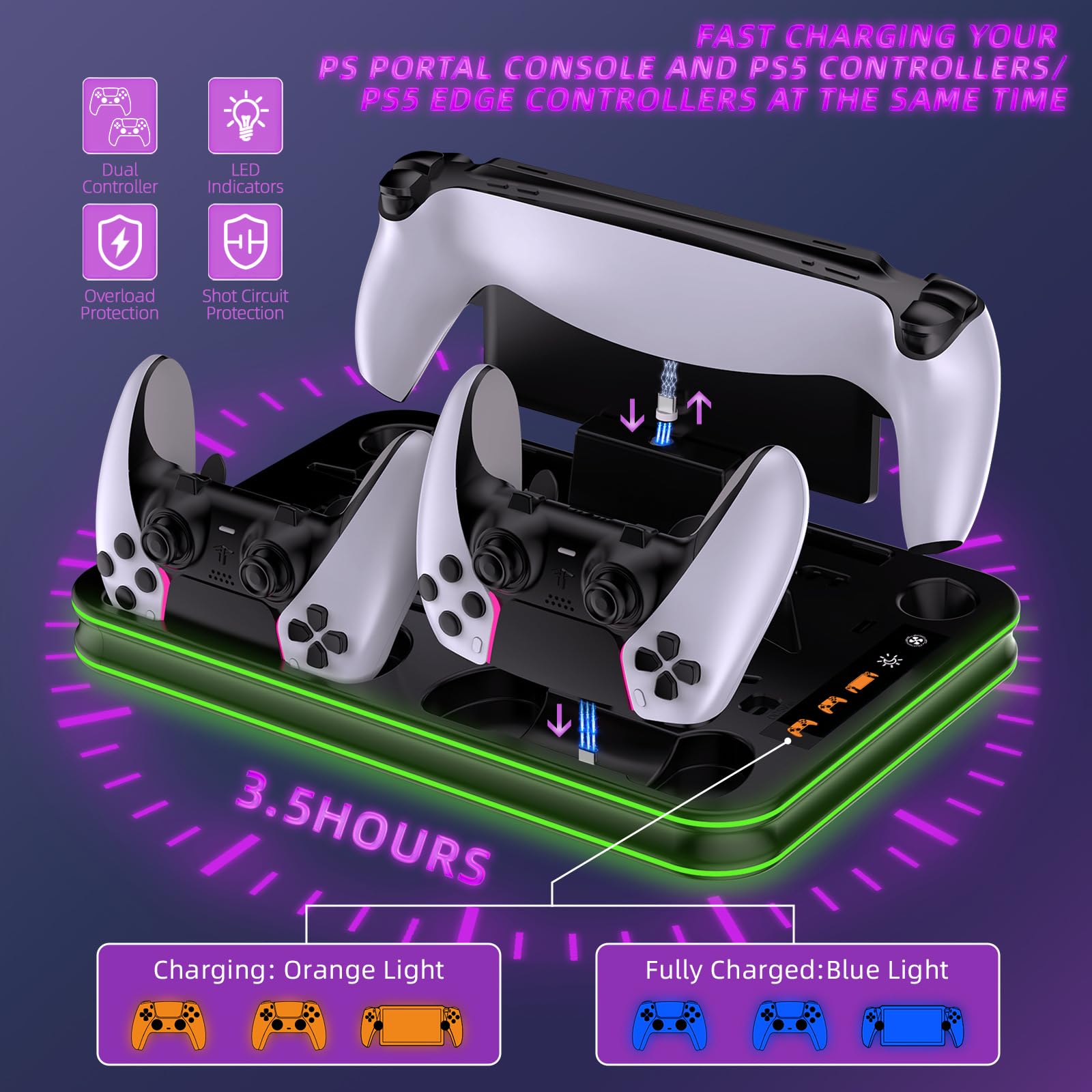 Support PS5/Slim/PS5 Pro avec PS Portal et PS5 Controller Station de Charge, Station Ventilateur de Refroidissement à 3 Niveaux lumières RGB (Noir)