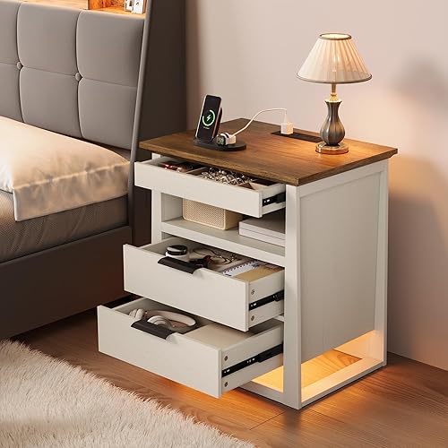 Miniatura 6 de Rresyet Mesita de noche con sensor de luz LED y estación de carga, mesa auxiliar de 24 pulgadas de alto con 3 cajones, moderna mesita de noche LED