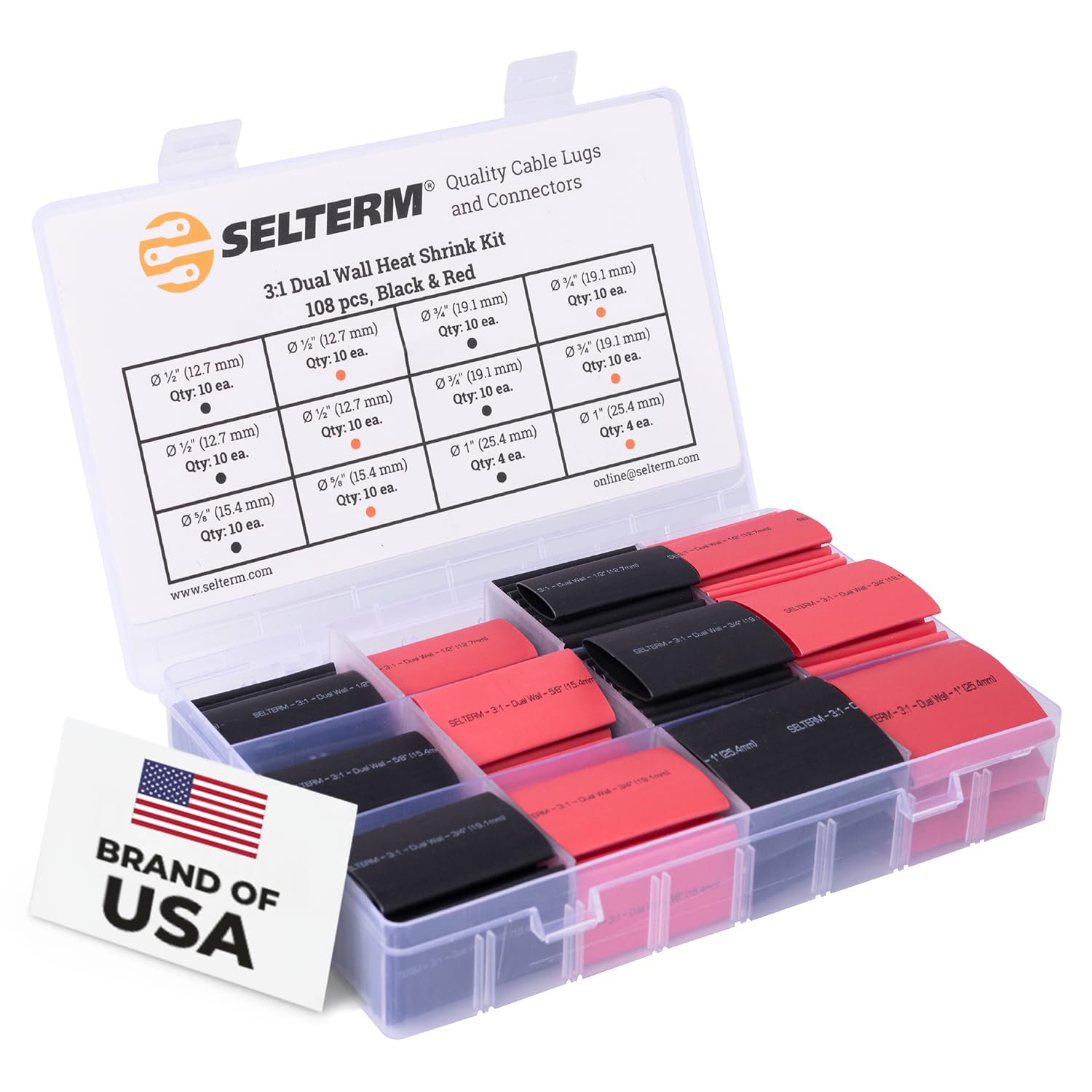 Large Size Marine Grade Heat Shrink Tubing Kit 1, 3/4, 1/2, 5/8 Inch Assortment, 3:1 Dual Wall Adhesive Lined, for Battery Cable Lugs Wire Terminal Connectors – Black & Red [108 pcs]