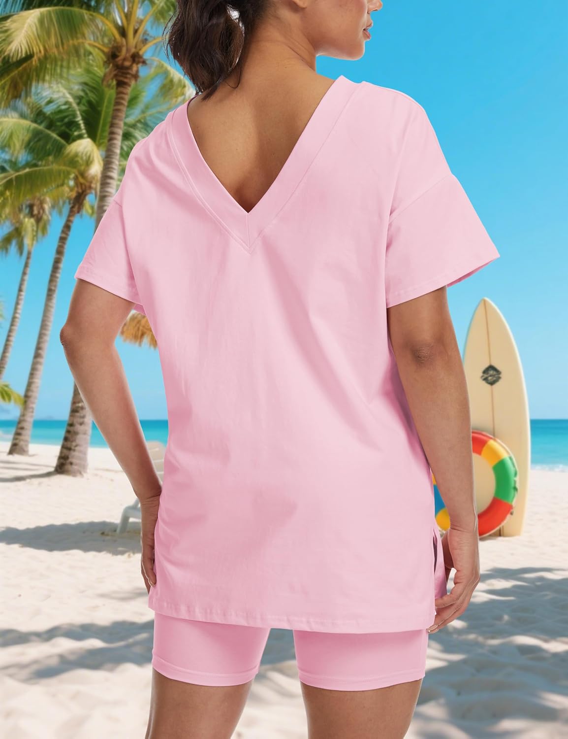 2 Two Piece Outfits for Women Summer Oversized Workout V Neck T Shirts Biker Shorts Matching Sets - Image 7