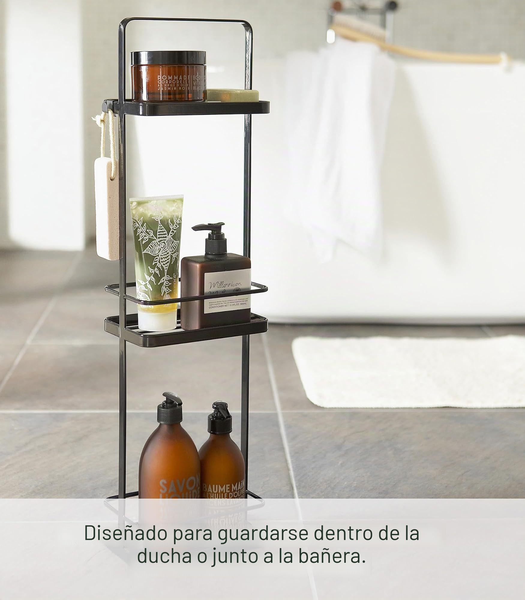 YAMAZAKI 6635 TOWER Estante de baño delgado de 3 niveles, negro, Acero, minimalista, 18 x 12 x 67 cm
