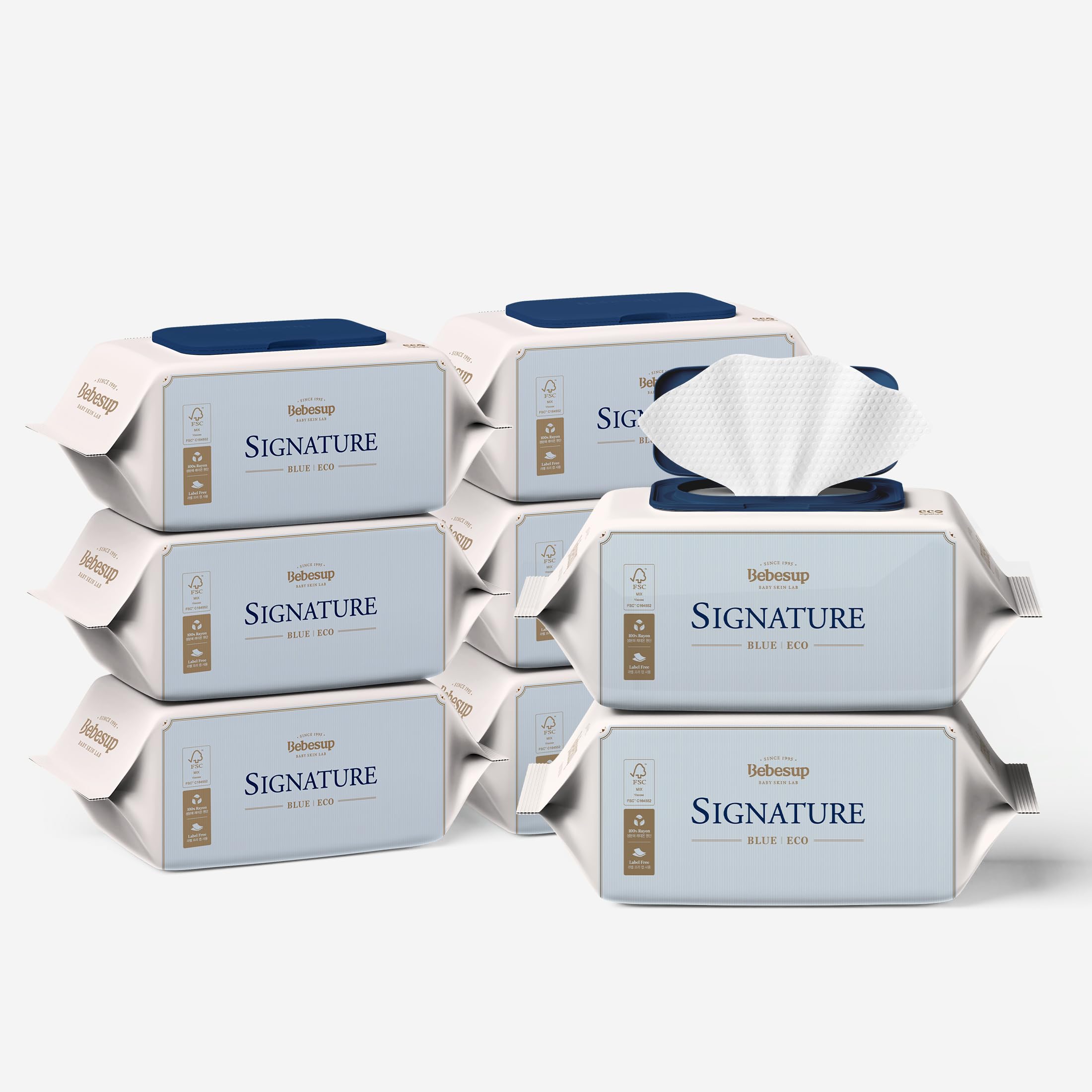 [BEBESUP]Signature Blue Eco Baby Wipes | Super Seed Extracts, Plant-based Fibers, Extra Thick & Soft, Embossed Wipes, Unscented, Hypoallergenic, Plastic-Free, Flip-Top, 560 Count (Pack of 8)