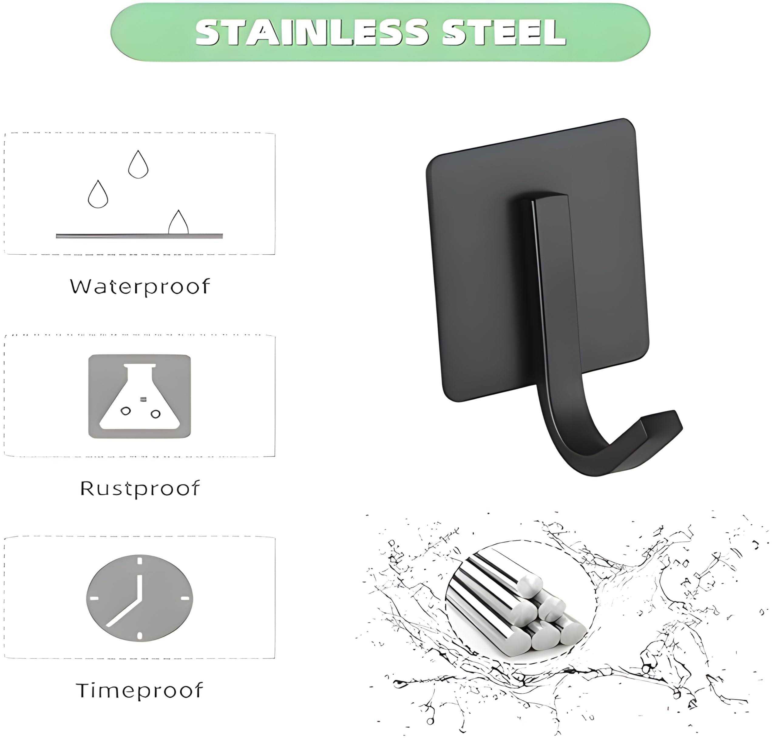 JIALTO 4 pcs Self-Adhesive Stainless Steel Hooks: Heavy-Duty Wall Hangings, Waterproof & Drill-Free - Strong Towel, Coat, and Kitchen Hooks for Bathroom and Kitchen (matt j Hook Black) 3