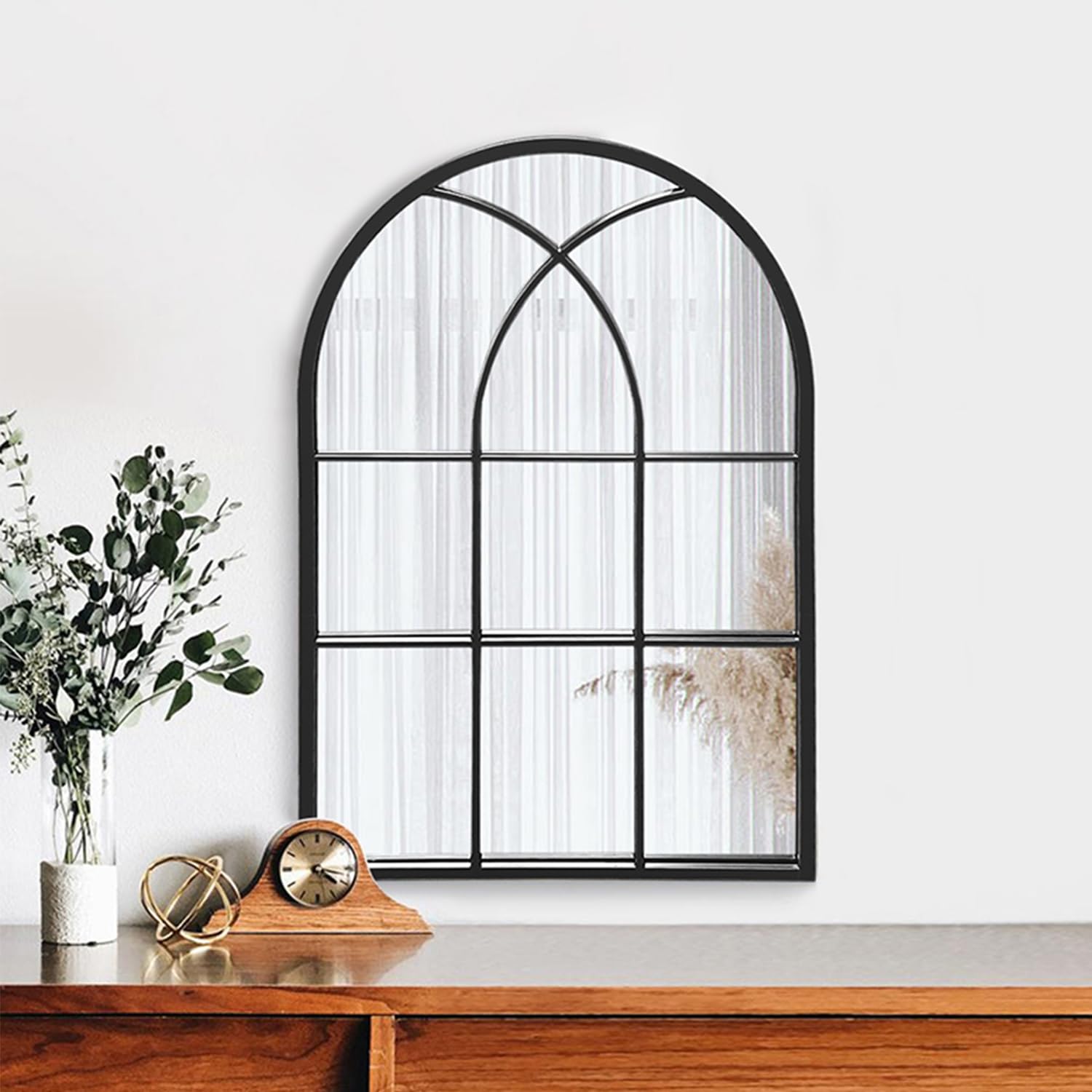Dewfig Specchio da parete con finestra ad arco, 76,2 x 50,8 cm, specchio decorativo per bagno, camera da letto, ingresso, soggiorno, finestra, stile rustico, cornice in metallo nero