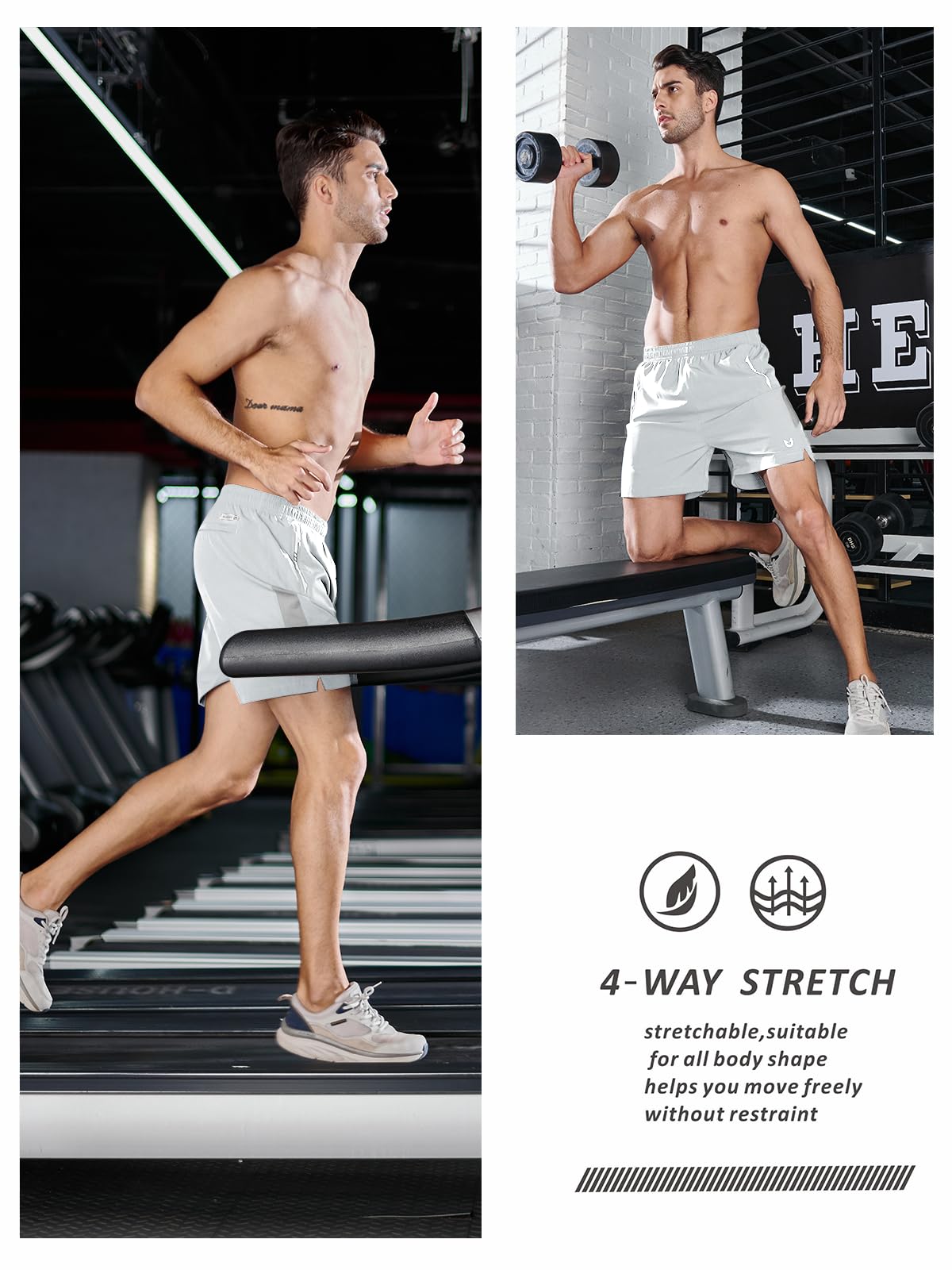 NORTHYARD Herren Laufshorts 12,7 cm Workout Gym Tennis 17,8 cm kurz schnell trocknend aktives Training mit Reißverschlusstaschen, Hellgrau, XL