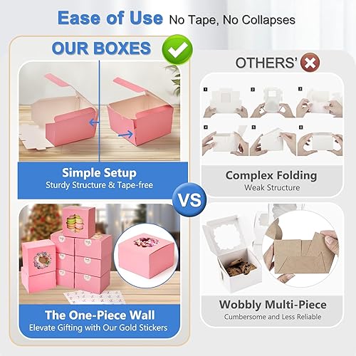 Miniatura 2 de Shallive Cajas de galletas pequeñas de 4 pulgadas, 50 unidades, color rosa, cajas de golosinas de panadería con ventana para contenedores de regalo