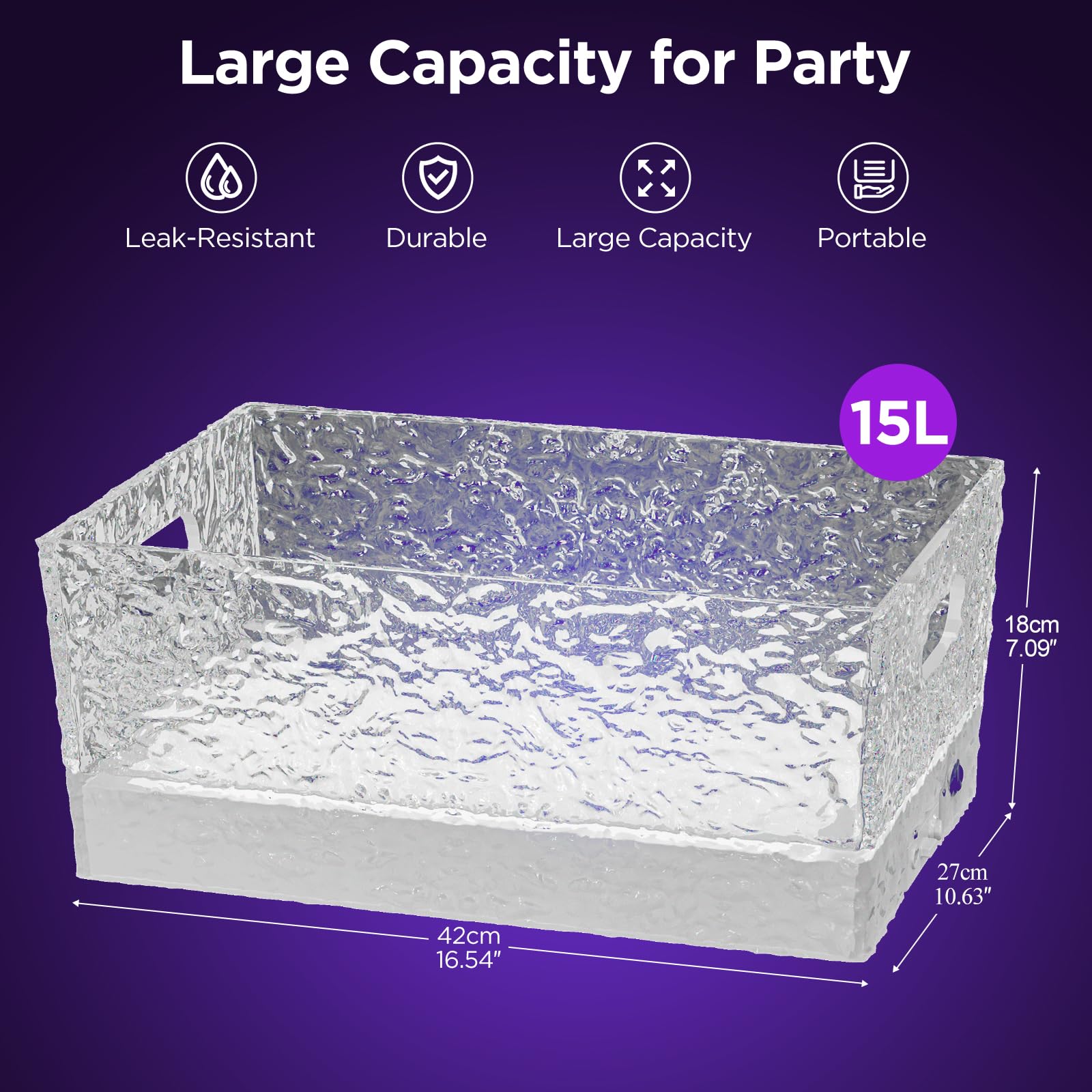 Cubitera de plástico para bebidas para fiestas, 15 litros/4 galones, grande, transparente, para champán, cerveza, bebida, vino, cócteles, 7 modos de luz LED, a prueba de fugas