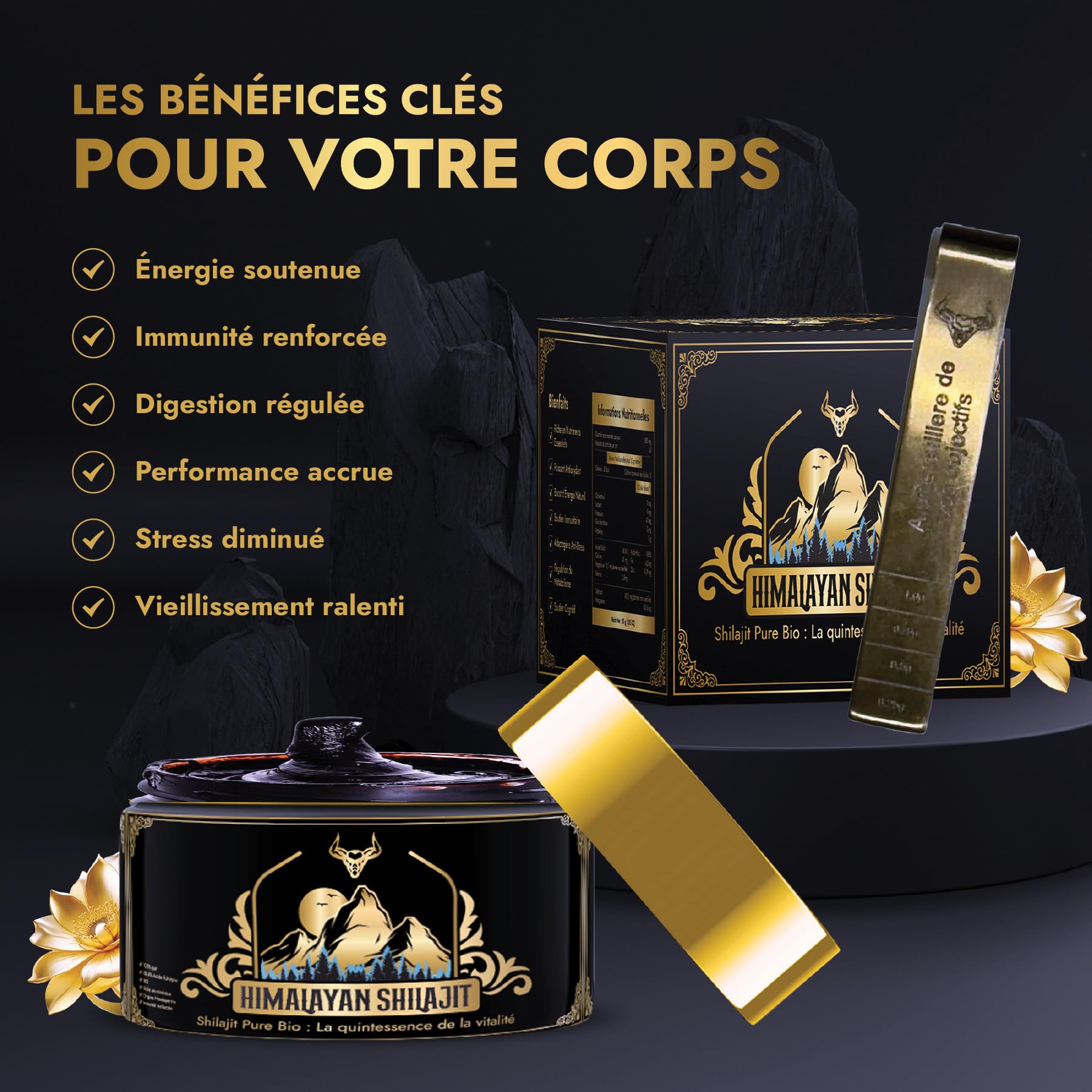 Shilajit | Shilajit Pure | Shilajit d'Himalaya Bio Purifié | Riche En Acide Fulvique, Hautement Concentré | Qualité PREMIUM 100% Pure | Sans OGM | Testé en Laboratoire | Cuillère Graduée Offerte