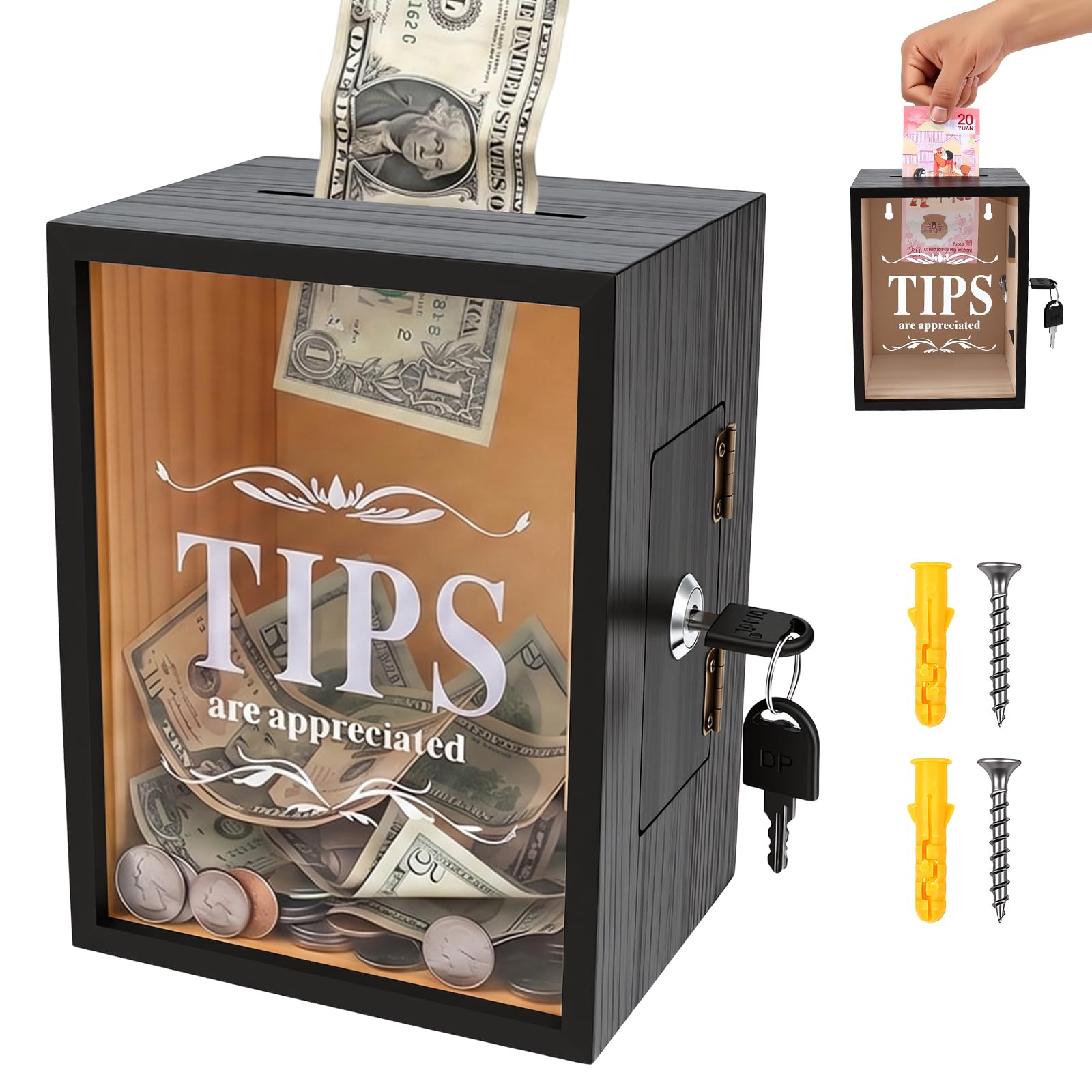 YUEKUNTJ Lockable Wooden Tip Box, Tip Container Donation Jar, Cash Collection Ballot Holder, Savings Jar with Lock, Money Saving Box Clear Piggy Bank, 15x12x20cm with 2 Key for Restaurant Café(Black)