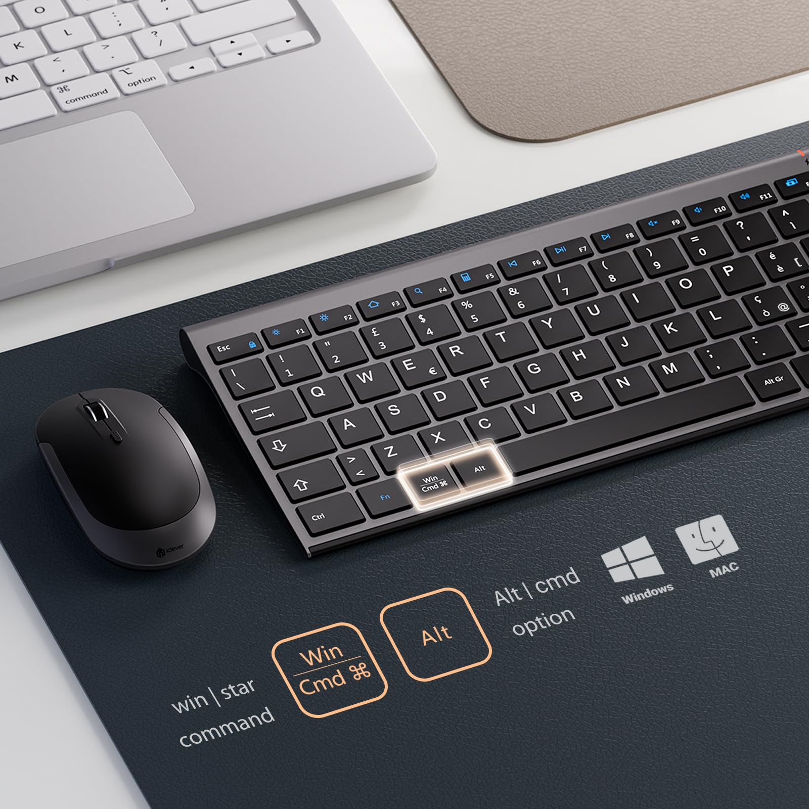 iClever Tastiera e Mouse Wireless - Tastiera e Mouse Portatili Wireless 2.4G, Batteria Ricaricabile Design Ergonomico Dimensioni Regolari Sottile Connessione Stabile DPI Regolabile (Grigio e Nero)