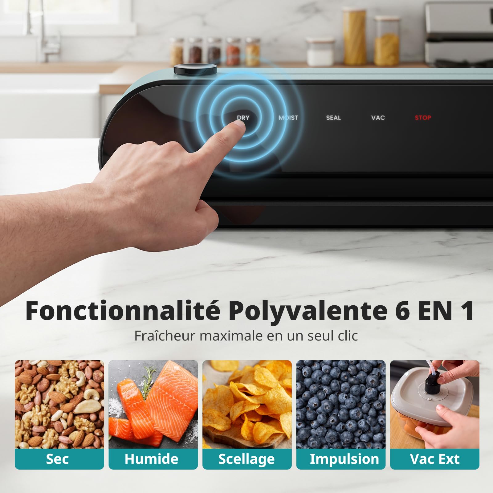 AIRMSEN Machine sous Vide 6-en-1 Entièrement Automatique avec Fonction de Gonflage, Aspiration Profonde Automatique, Coupe-sac Intégré et Rangement de Tuyau, Modes Sec & Humide, Vert Menthe