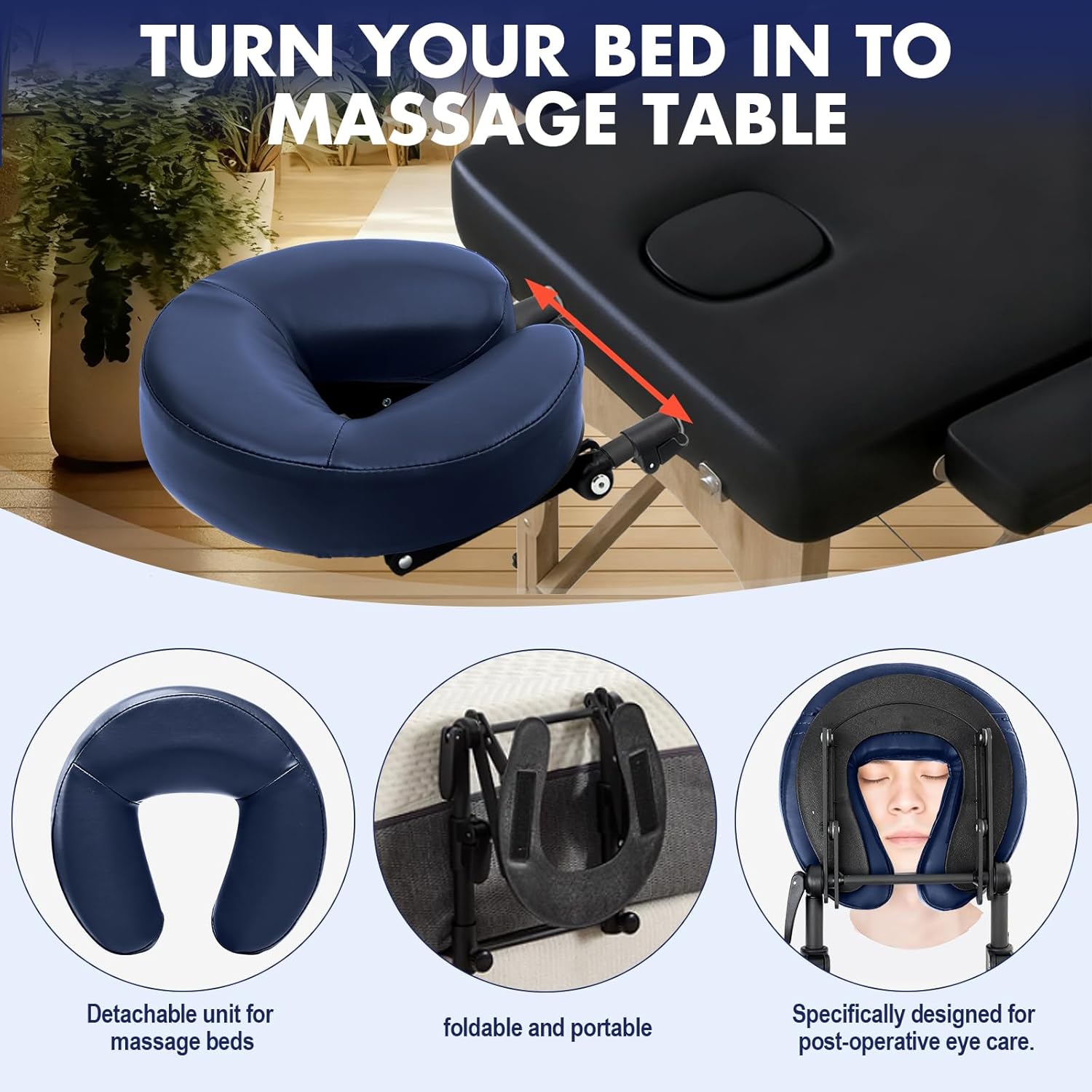 Massage Headrest for Bed with Leather Pillow, Includes Face Pillow Cradle and Cushion Support Bracket, Adjustable Headrest Face Cushion Massage Table or After Eye Surgery at Home Blue