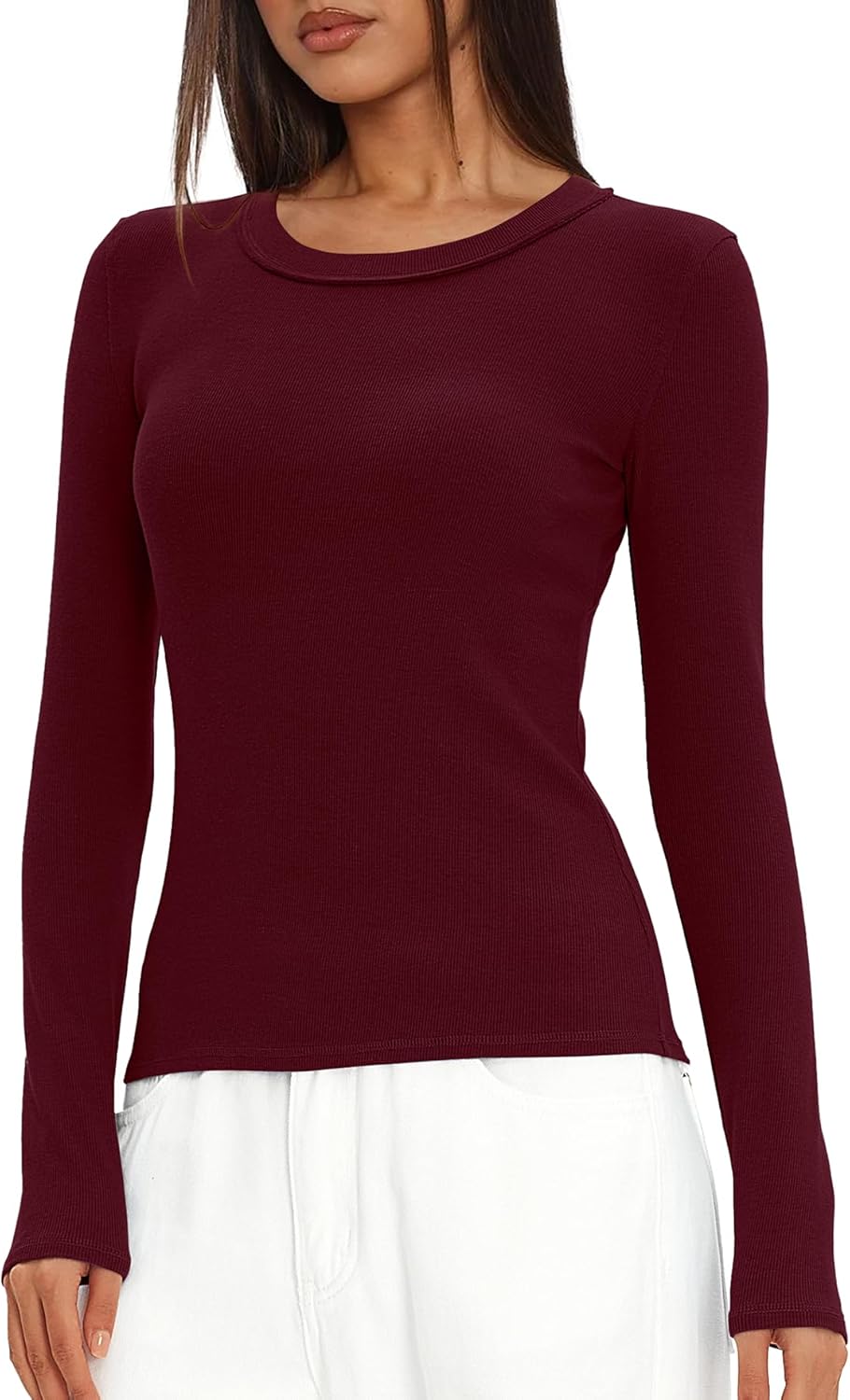 Darong Long Sleeve Shirts for Women Crew Neck Rib Knit Slim Fit Tops Basic Tee Casual T-Shirt Layer Clothes - Image 3