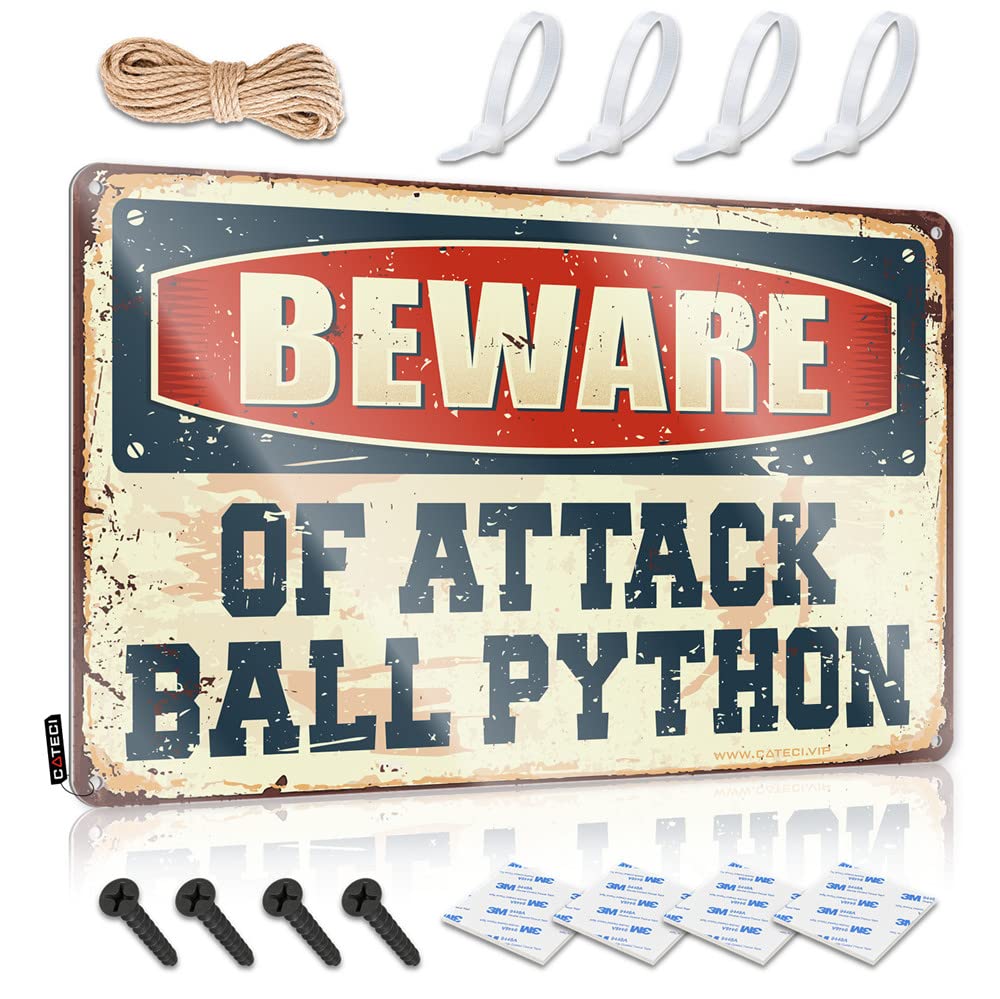 HELIOFORGE Man Cave Funny Signs Beware Of Attack Ball Python Sign Home Wall Decor Funny Metal Sign Bar Posters(20X30CM)