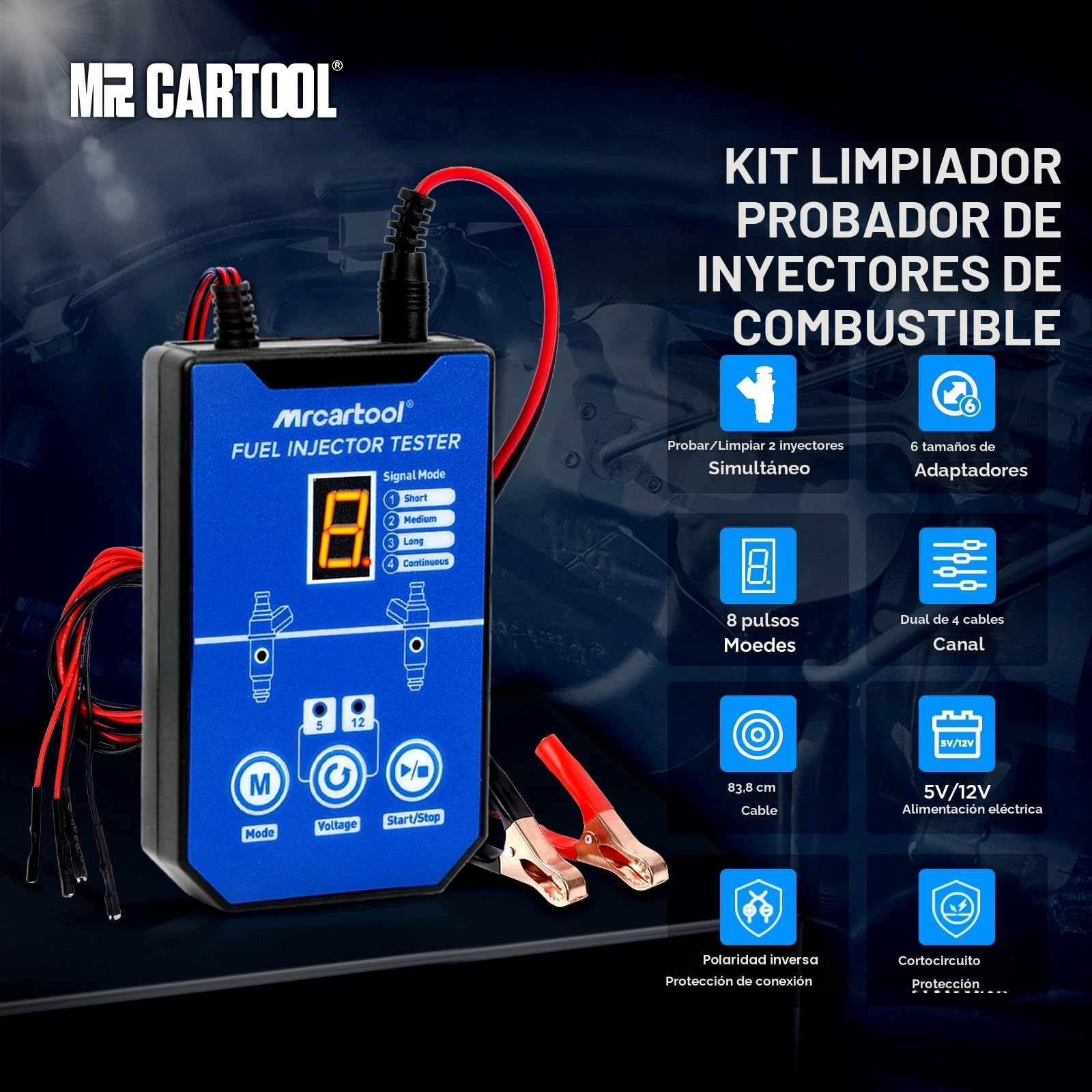 MRCARTOOL - Comprobador de inyectores de combustible para coche, 12 V, con 6 boquillas para inyectores EFI GDI de 5 V, 12 V, 8 modos de impulso, kit de limpieza, doble potencia, cable de 1 m