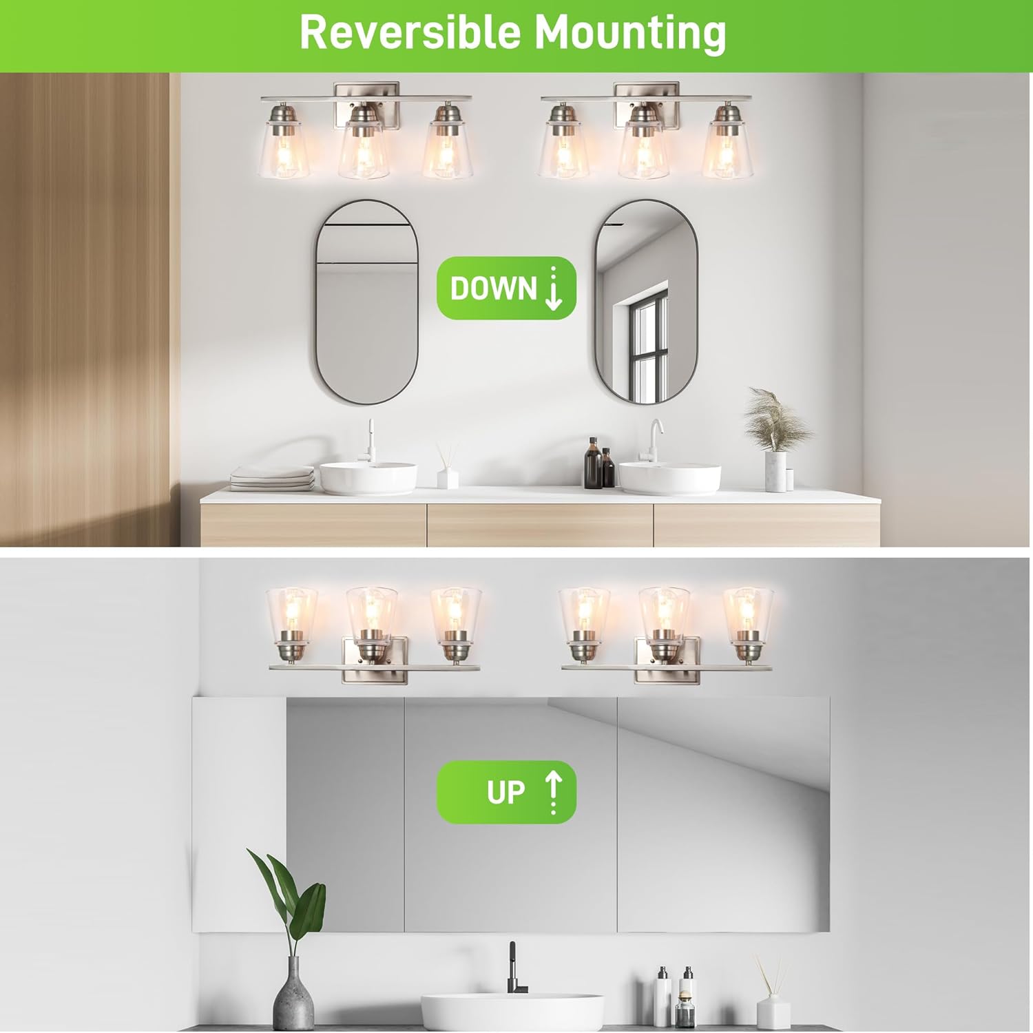 Close-up images showing the sturdy metal backplate, thick glass lampshade, heat-resistant ceramic E26 base, and universal mounting plate for the vanity light.