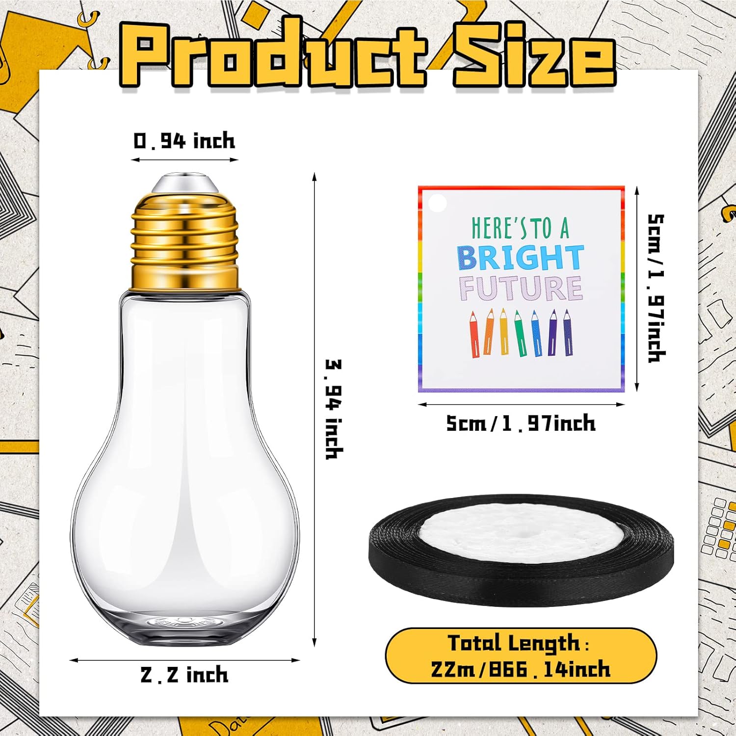 Crtiin 36 Set 100 ml Plastic Clear Light Bulb Jars with Bright Future Card and String Light Bulb Party Candy Container Fillable Lightbulb Ornament for Crafts 2026 Graduation Party(Colorful)