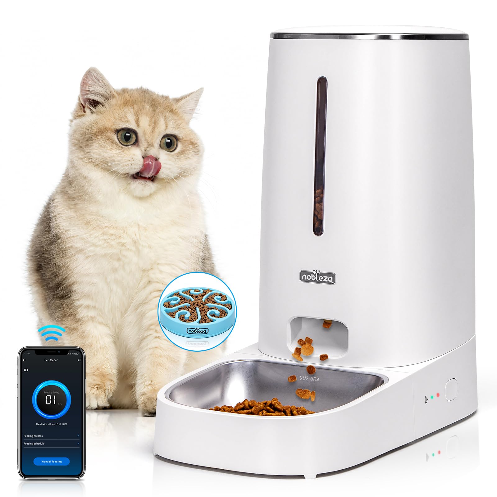 Nobleza - Dispensador Automático de Comida para Gatos y Perro, 2.4G WiFi 4L Dispensador con Temporizador y Control Remoto de la aplicación, 10s de grabación, 1-10 Comidas por Día, Blanco