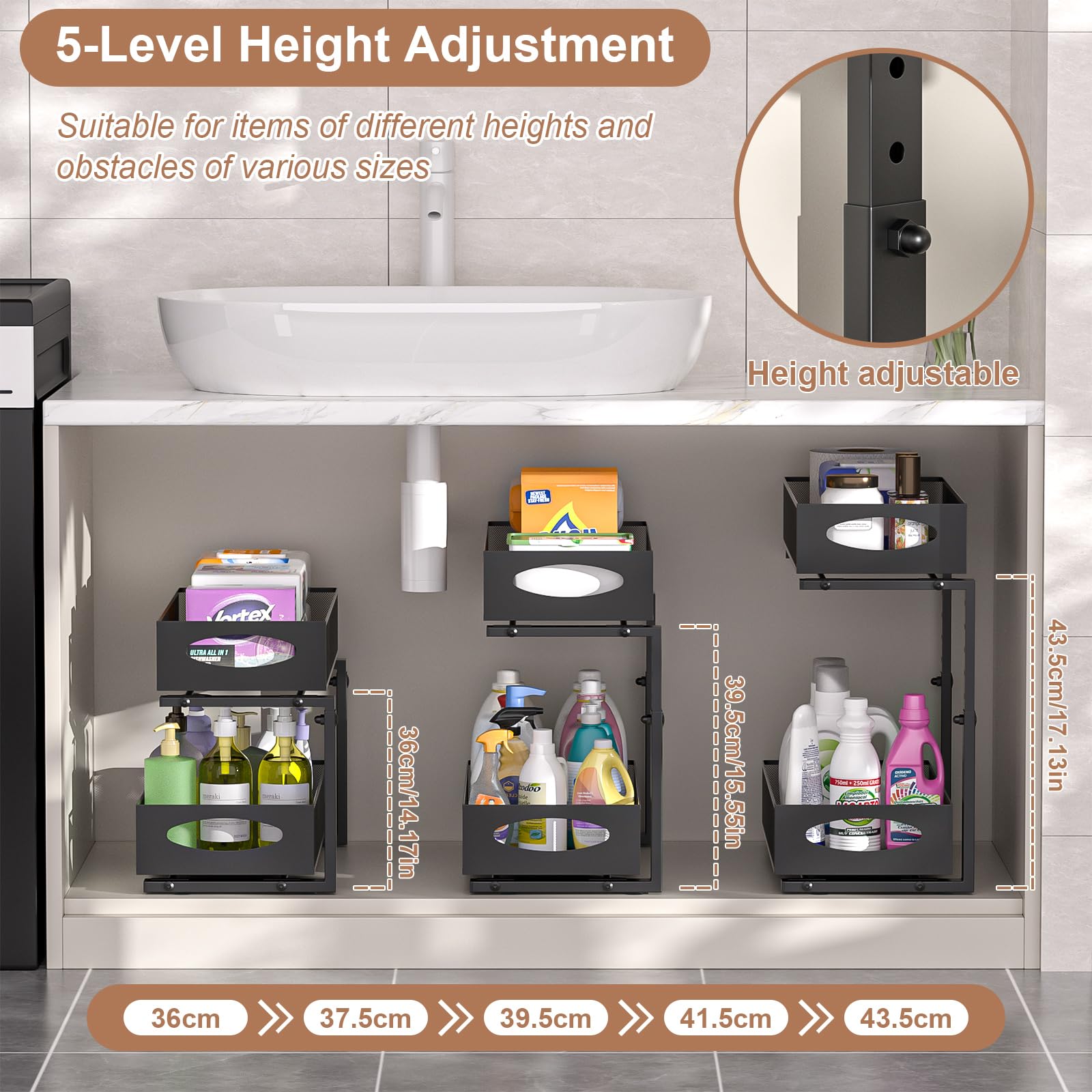 Rangement sous Évier,2 Niveaux Organisateur sous Evier Cuisine,Hauteur Réglable Rangement Souss Eviers Cuisine,Tiroir Coulissant,pour Cuisines,Placard,Salle de Bain,Noir,1 Pièce