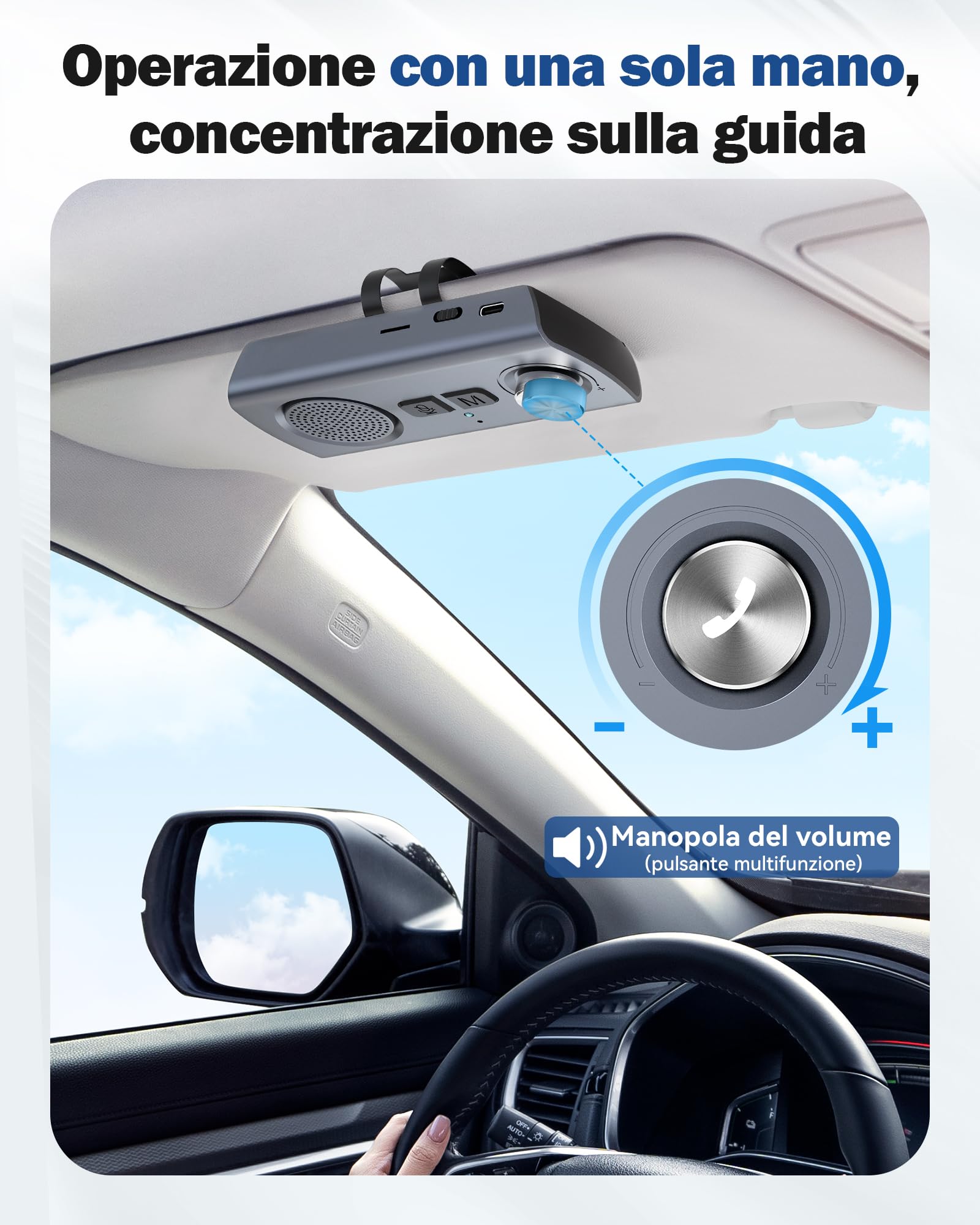 AGPTEK Vivavoce per Auto Bluetooth 5.3 con Siri, Assistente Google, Kit per Auto con Altoparlante Wireless con Slot per Scheda TF, Supporta la Connessione di 2 Telefoni Contemporaneamente