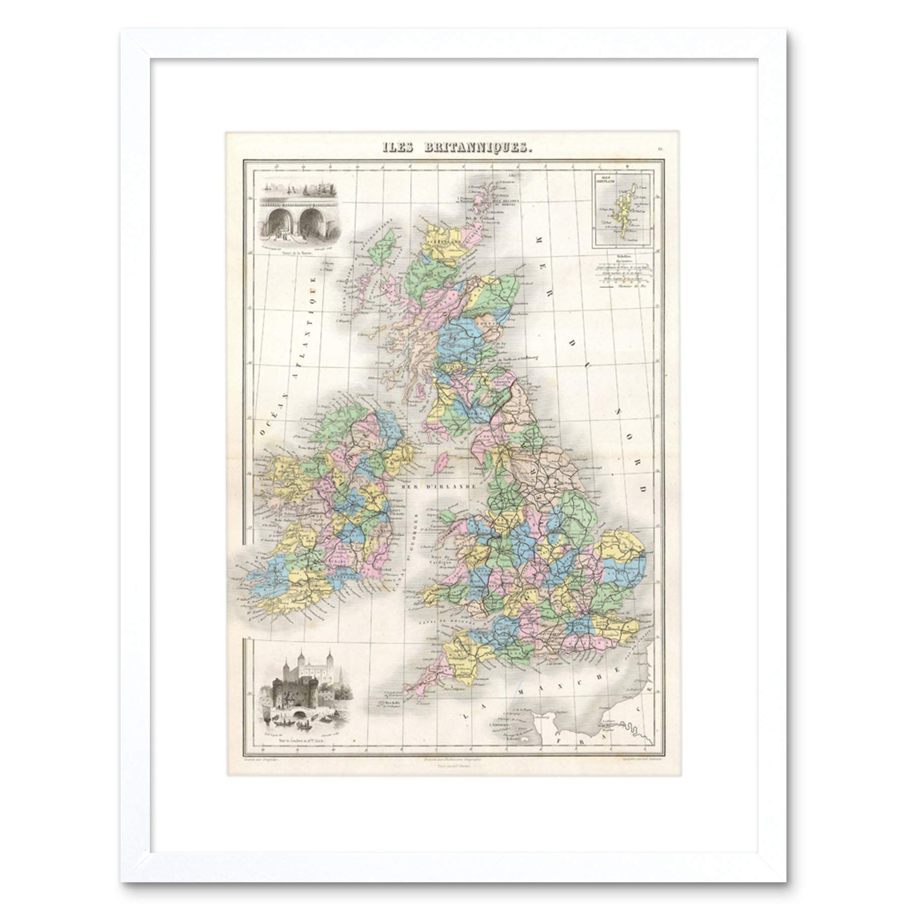 Wee Blue Coo Map 1878 Migeon British Isles England Ireland Scotland Framed Wall Art Print