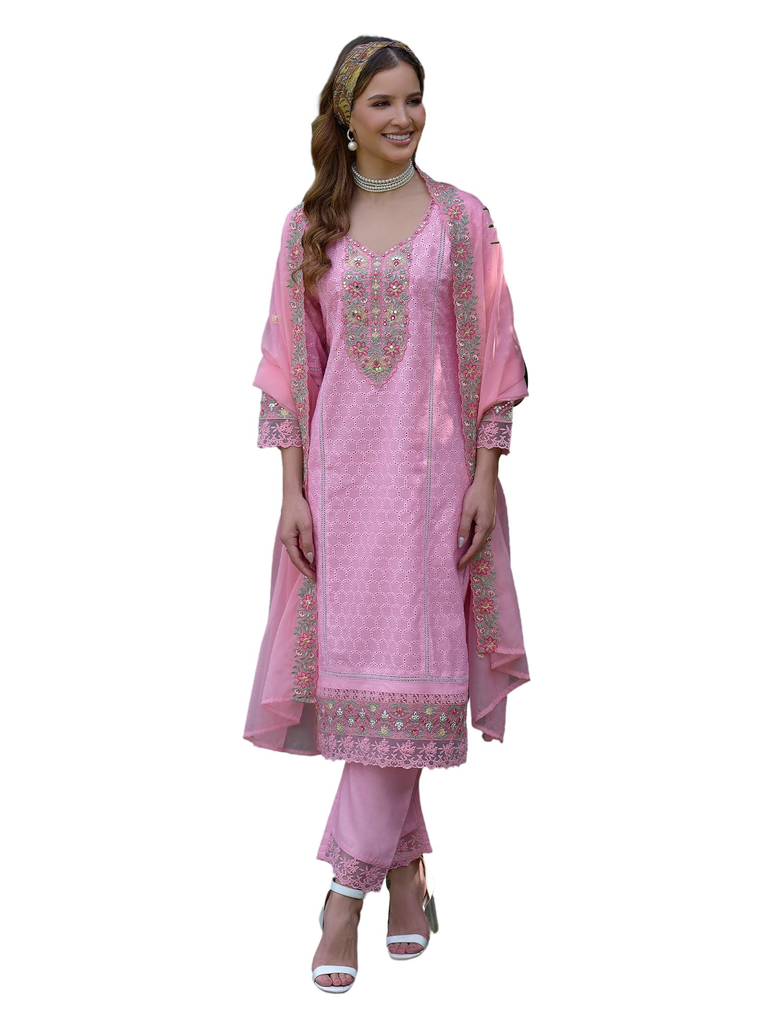 Women's Pure Cotton Floral Embroidered Mirror Work Kurta & Pant with Dupatta Set (IEOUT13238)-image-6