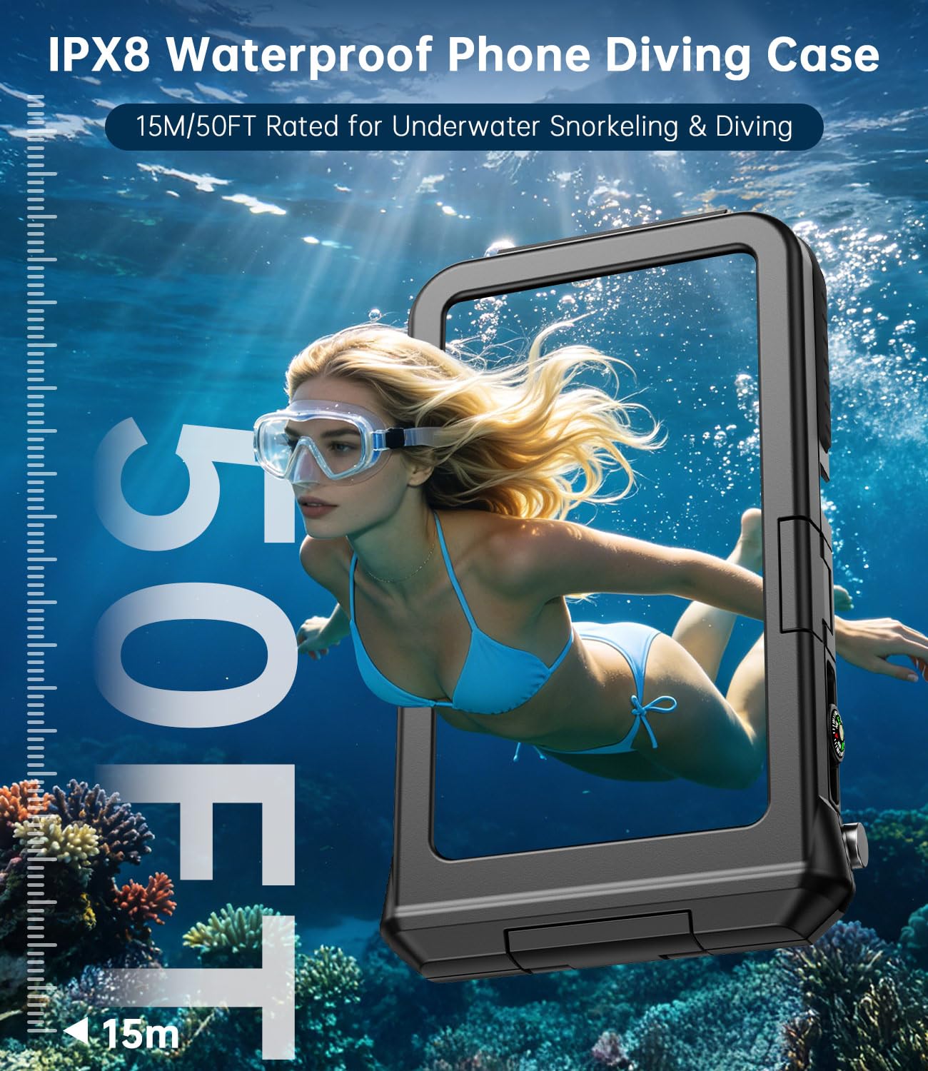 Custodia subacquea per telefono, design per iPhone, [15m/50ft] impermeabile per snorkeling e immersioni, custodia per foto e video, impugnatura per iPhone 17 16 15 14 13 12 Pro Max fino a