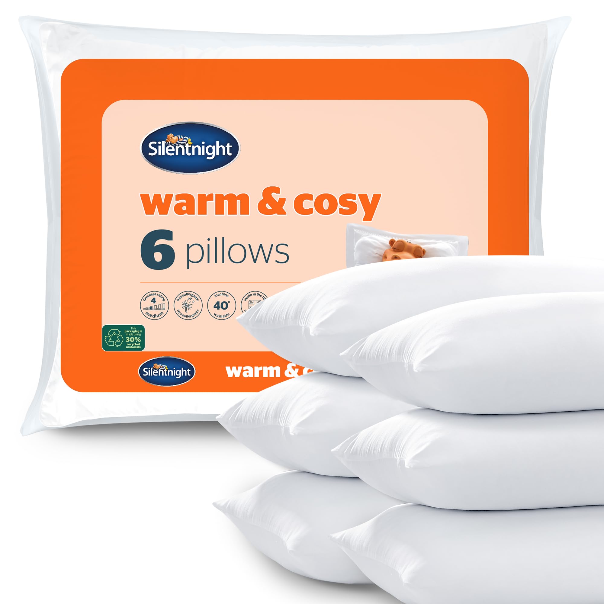 Silentnight Warm & Cosy Pillow 6 Pack - Supremely Quality Super Soft Snug Comfy Winter Bed Pillows For Side Back Sleepers - Medium Support Machine Washable Hypoallergenic Six Pillows