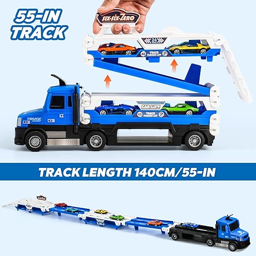 Miniatura 3 de MOONTOY Camión portador de carreras de juguete para niños, auto plegable de 55 pulgadas y 6 autos de carreras de metal, juguetes de camión con luces