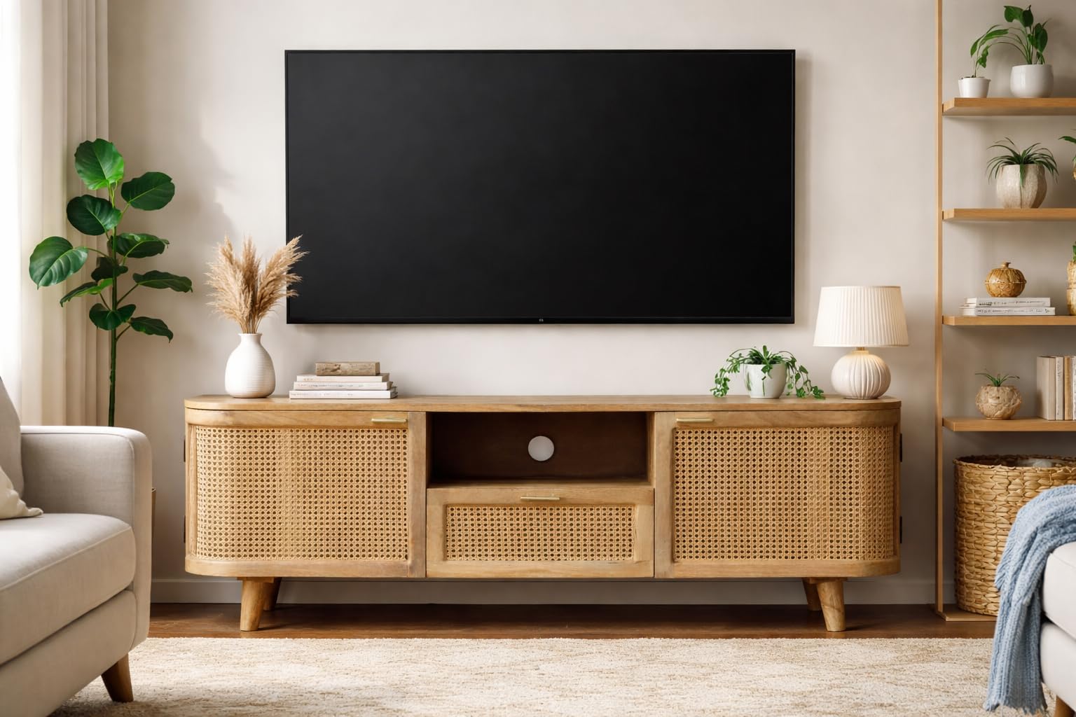 Wooden TV Entertainment Cabinet | 2 Door & 1 Drawer TV Stand | Solid Mango Wood | Natural Finish | Cane Webbing | Golden Handle | Living Room Furniture | 145x40x55 cm-image-24