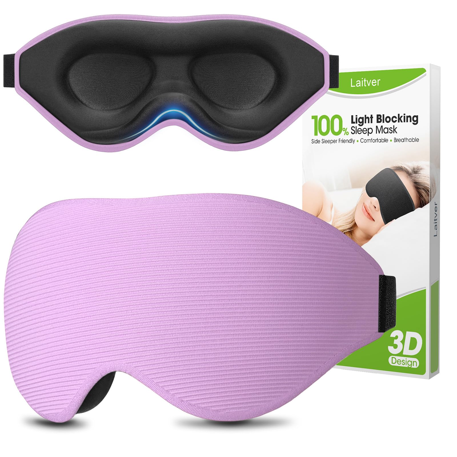 Schlafmaske für Seitenschläfer, Laitver 2025 Aktualisiertes Design 3D Lichtblockierend Augenmaske Frauen & Herren, Bequem & Atmungsaktive Druckfrei Schlafbrille mit Verstellbar Gummiband für Reisen