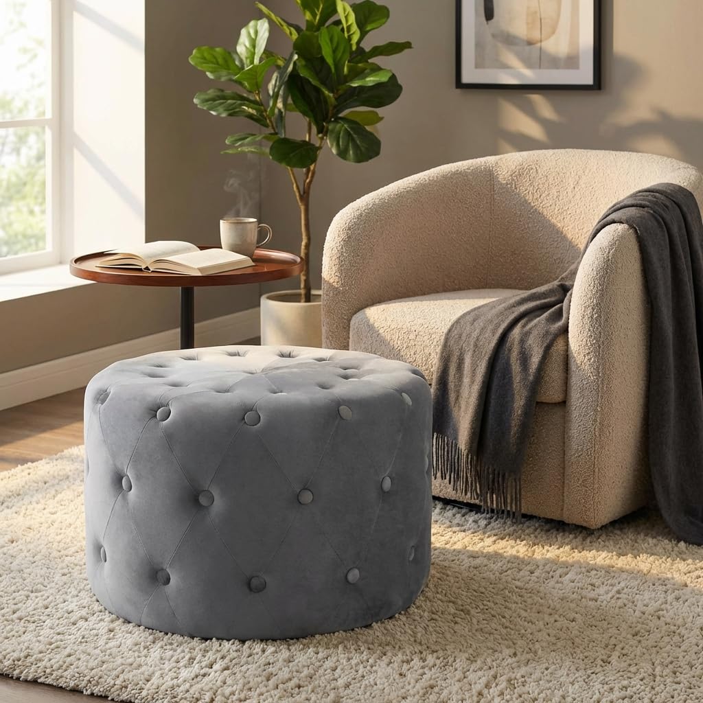 Pouf contenitore rotondo in velluto - PASCAL Grigio Scuro