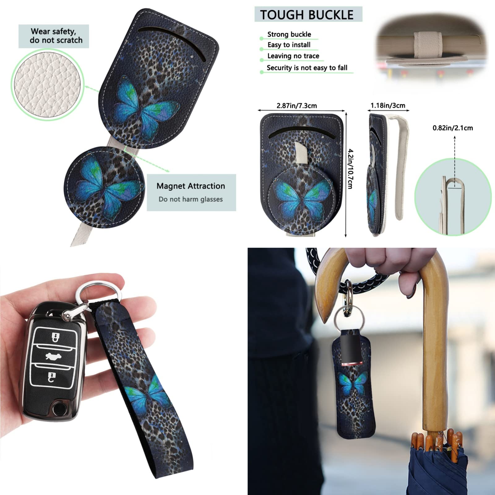 Xoenoiee 13 Stuks Vlinder Luipaard Patroon Auto Accessoires Universele Auto Stoelhoezen Volledige Set Inclusief Tissue Houder Zonnebril Houder Stuurhoes Seat Belt Pads Sleutelhangers