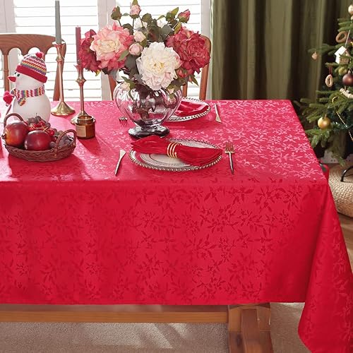 SASTYBALE Mantel de Navidad rectangular de 52 x 70 pulgadas, diseño de baya de acebo jacquard, a prueba de derrames, sin arrugas, mantel de tela de