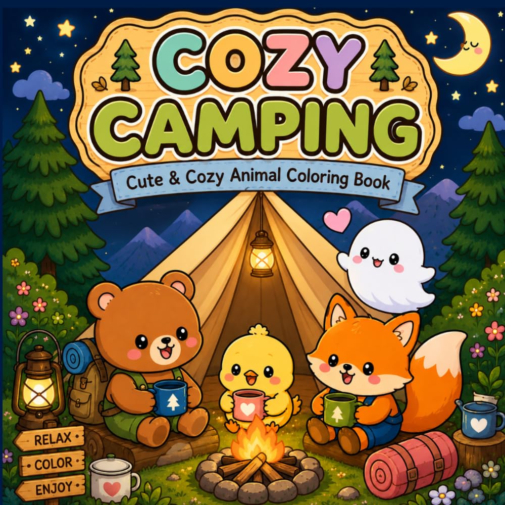 Cozy Camping: Cozy Activities of Tiny Animals,A Cute and Relaxing Coloring Book for Adults and Teens
