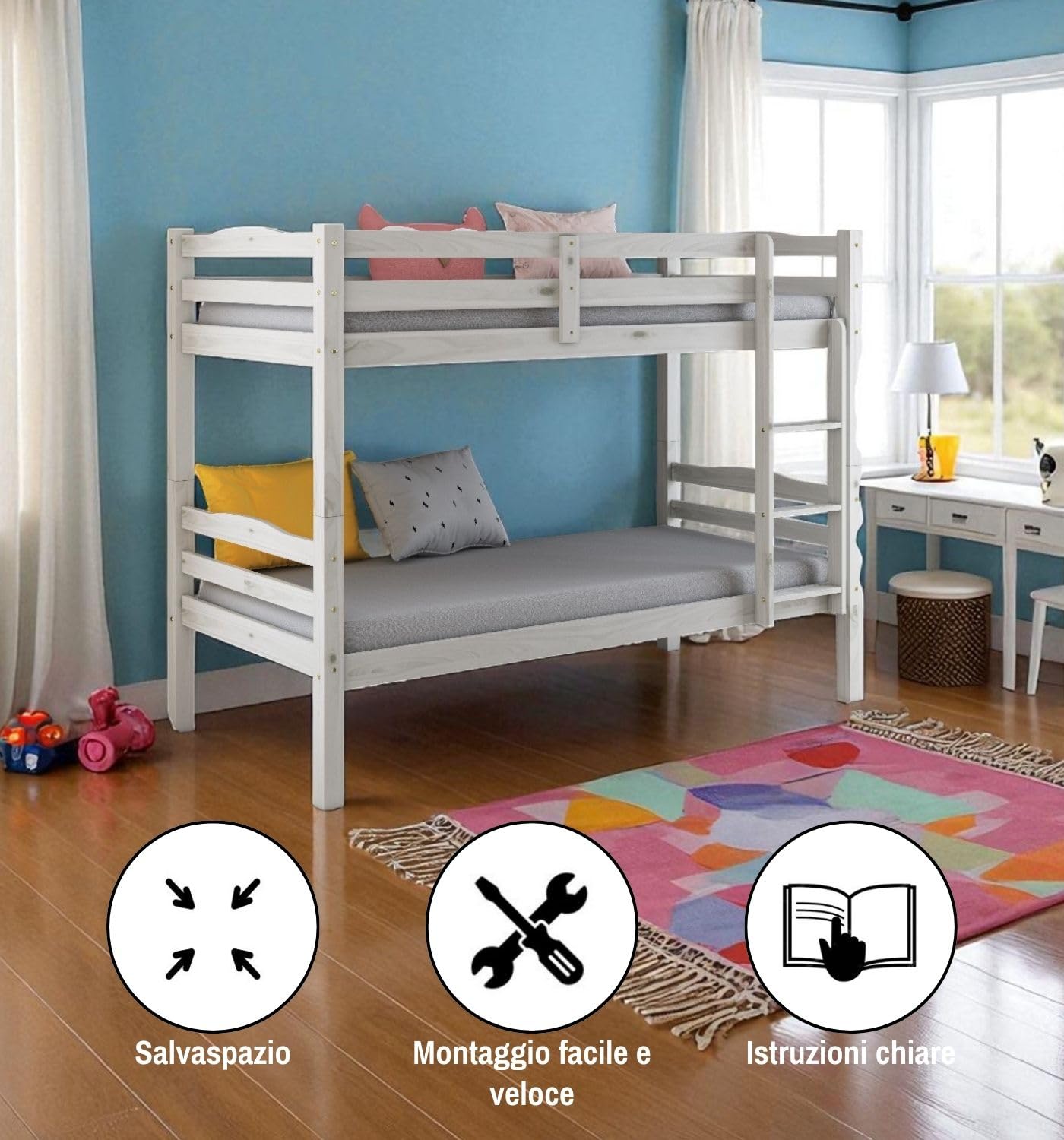 Arredo Stock Letto a castello in legno di pino massello utilizzabile come due letti singoli, 90x190x150 cm (Bianco)