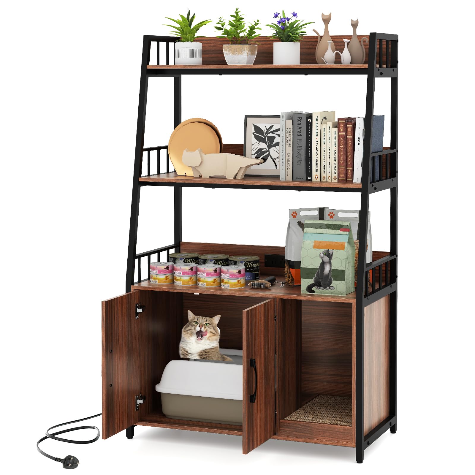 COSTWAY Cat Litter Box Enclosure, Hidden Cats Washroom Furniture with 3-tier Storage Shelves, Scratching Pad, Charging Station & Winding Entry, Wooden Cat House Bookshelf (Walnut + Black)
