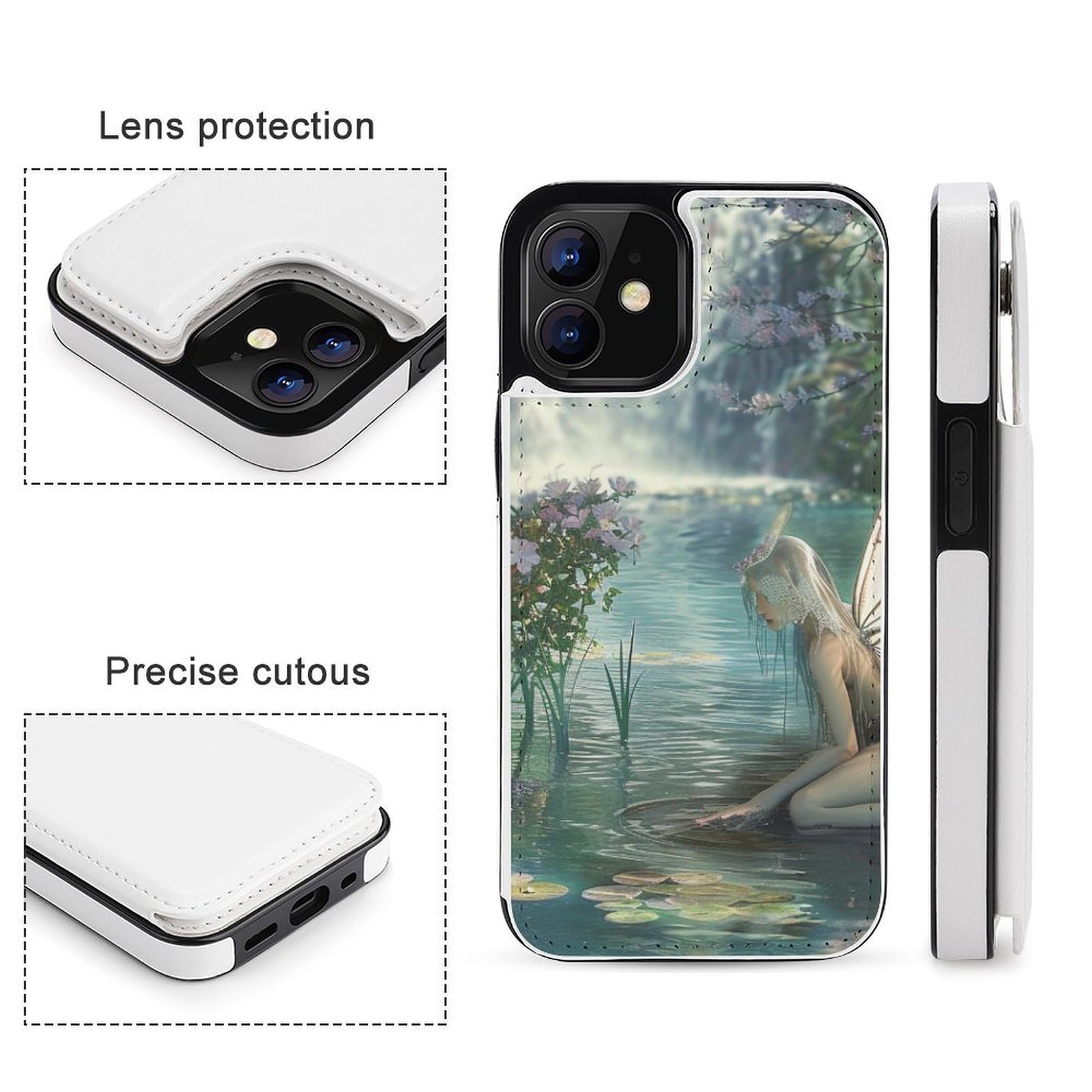 Funda tipo cartera para iPhone 12 Mini, diseño de hadas del lago con estampado artístico de hadas, funda de piel con ranuras para tarjetas