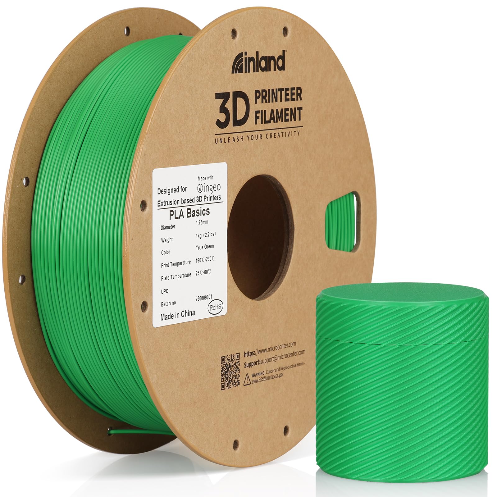Inland PLA Basics Filament 1.75mm, 1kg Spool – Dimensional Accuracy ±0.02mm, Neatly Wound, Fits Most FDM 3D Printers (Green, 1 Pack)