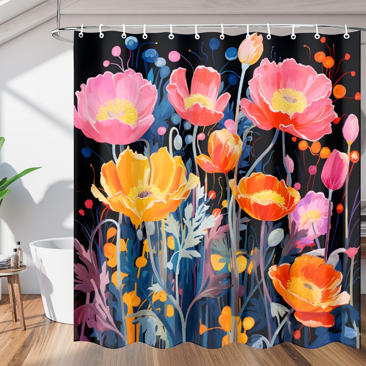Rideau de douche imperméable Mexpekil motif coquelicots rose orange noir 152x182 cm avec 12 crochets
