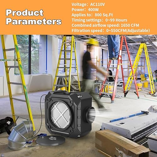 Miniatura 5 de M-T Depurador de aire con filtración de 3 etapas, depurador de aire comercial HEPA para moho, purificador de aire industrial resistente con filtro