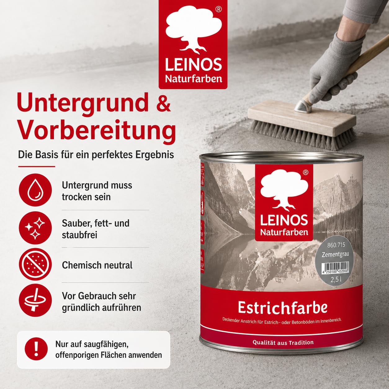Leinos Naturfarben Estrichfarbe 860 | 2,5 Liter | für innen | Schutz & Farbgebung für offenporige Estrich- & Betonflächen | abriebfest, wasserabweisend | Anthrazitgrau (2,5 Liter Zementgrau)