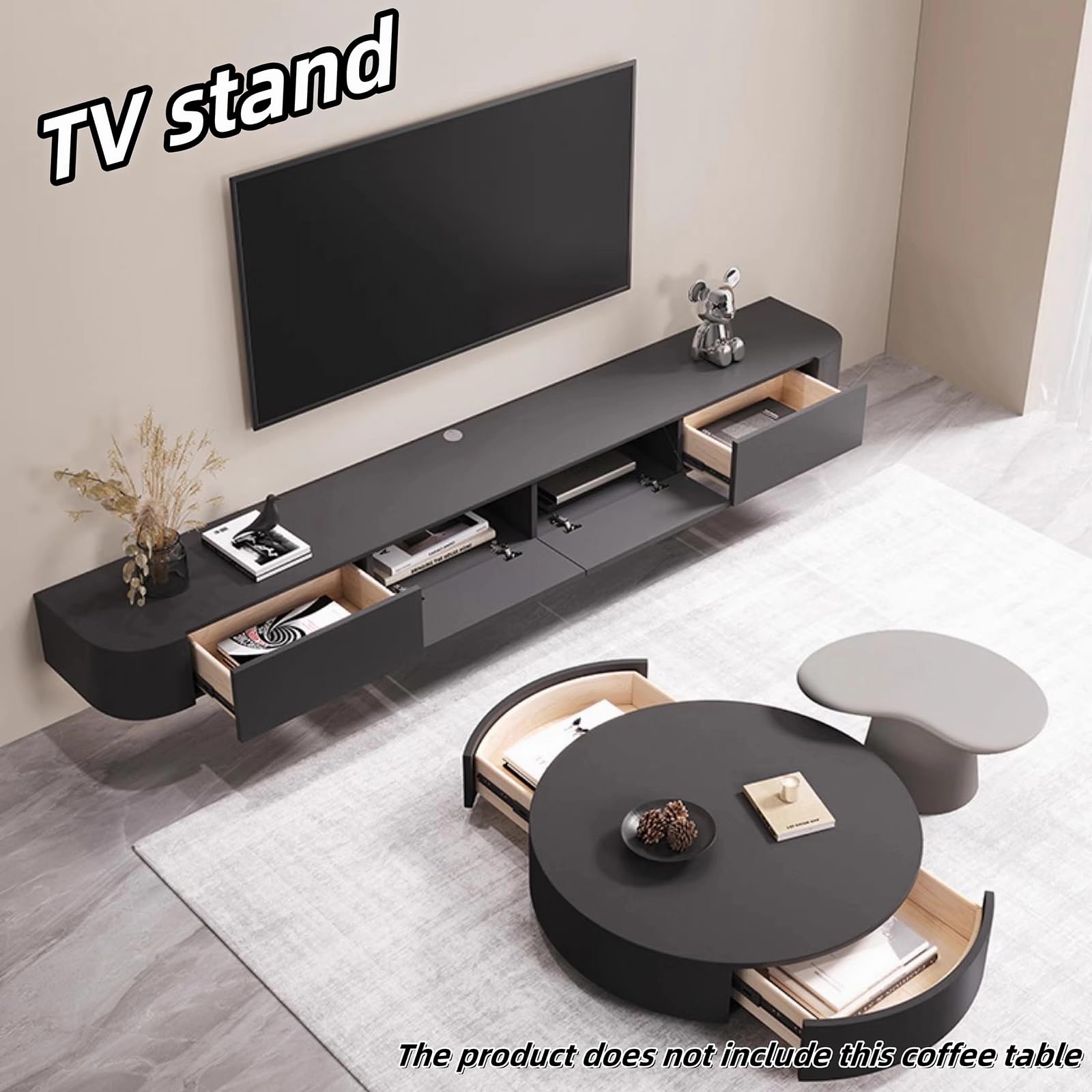 Wisząca podstawka pod telewizor, montowany na ścianie, szara szafka pod telewizor z drzwiami w ścianie TV, konsola telewizyjna do salonu i biura (szara, 140 cm)